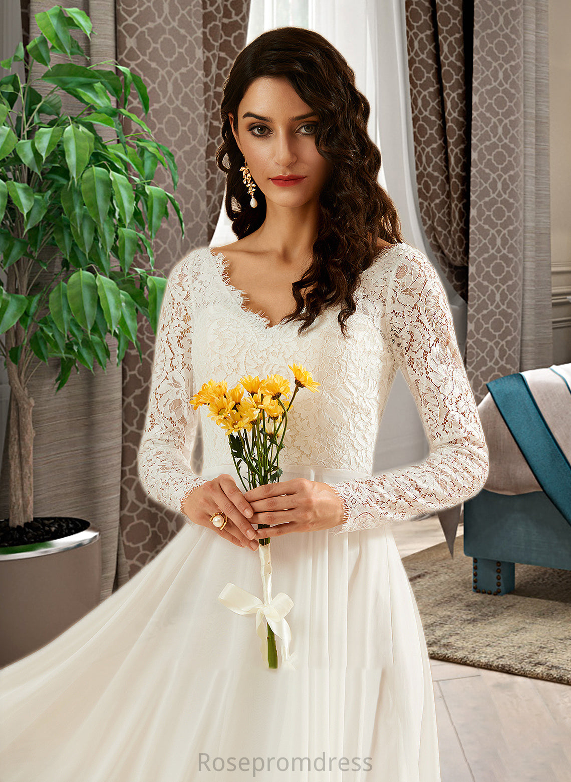 Janae A-Line V-neck Sweep Train Wedding Dress With Lace SRSP0013696