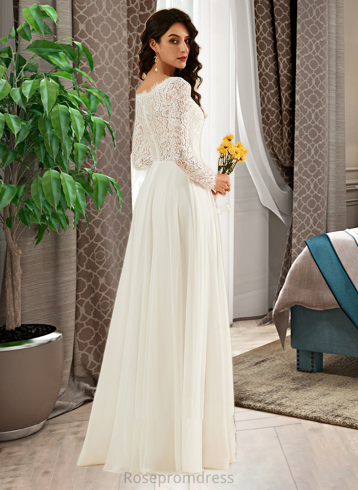 Janae A-Line V-neck Sweep Train Wedding Dress With Lace SRSP0013696