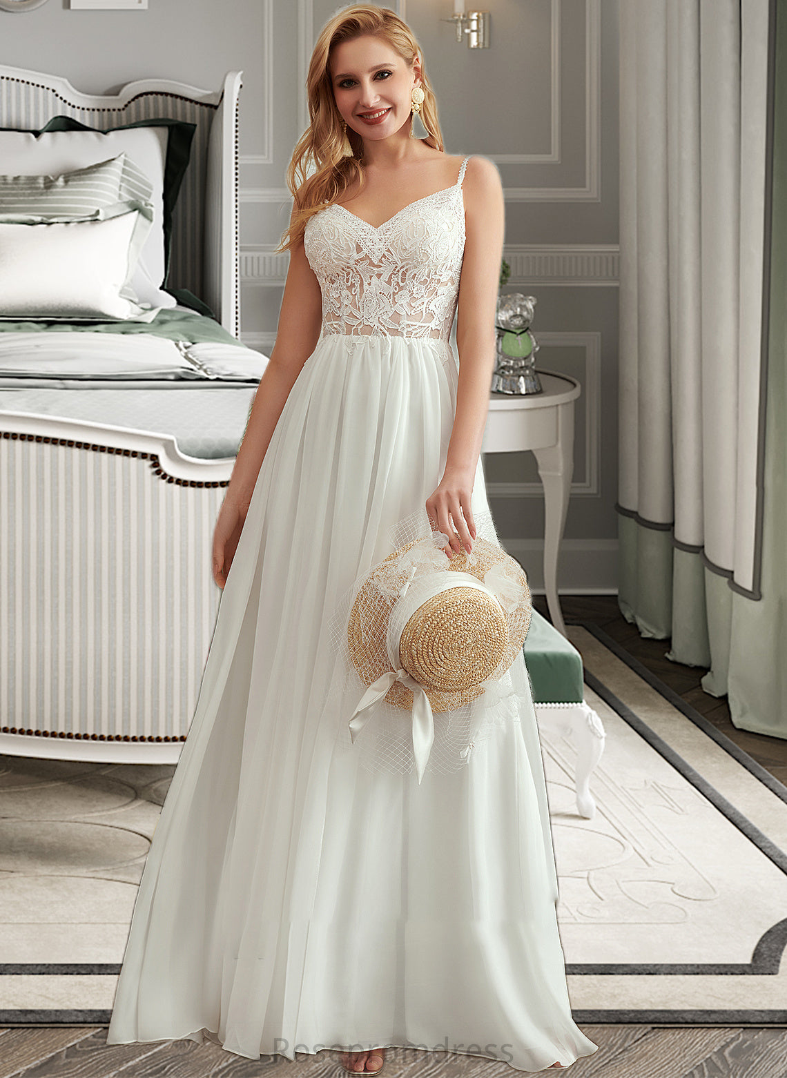 Jamya A-Line V-neck Floor-Length Wedding Dress With Beading Split Front SRSP0013697