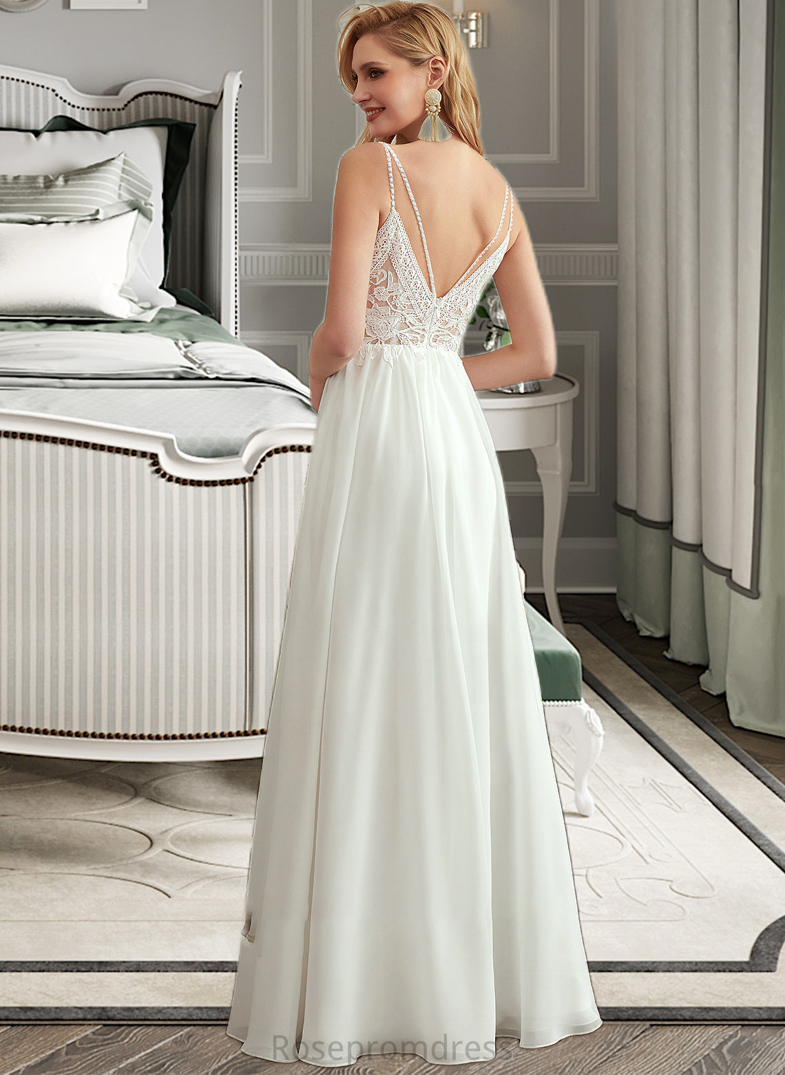 Jamya A-Line V-neck Floor-Length Wedding Dress With Beading Split Front SRSP0013697