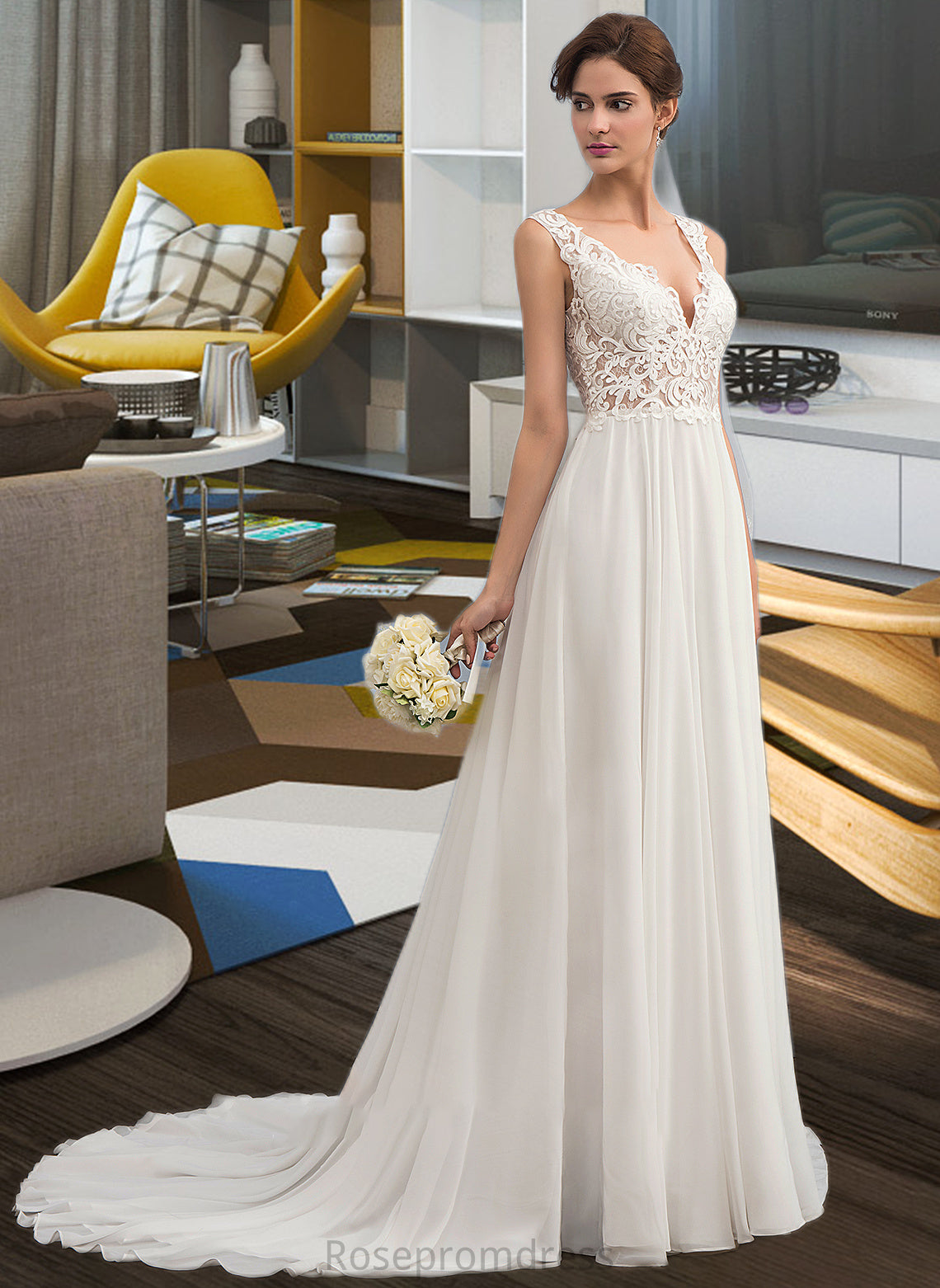 Areli A-Line V-neck Court Train Chiffon Wedding Dress SRSP0013701
