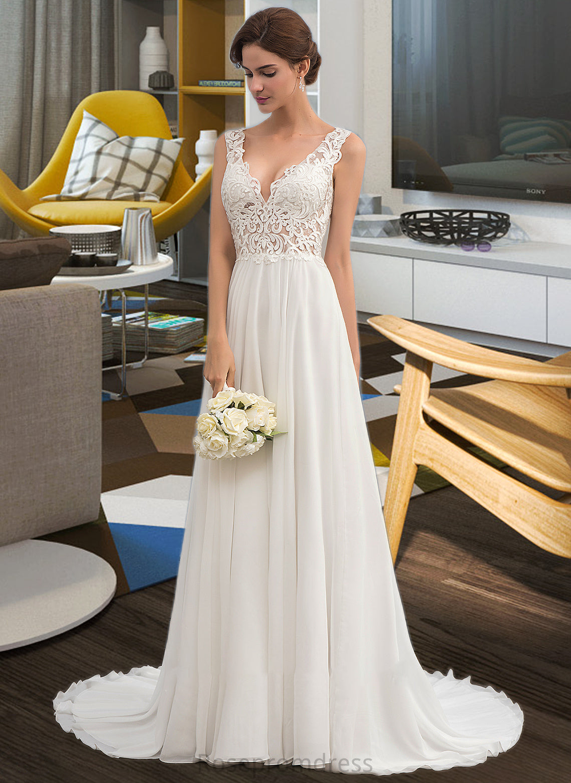 Areli A-Line V-neck Court Train Chiffon Wedding Dress SRSP0013701