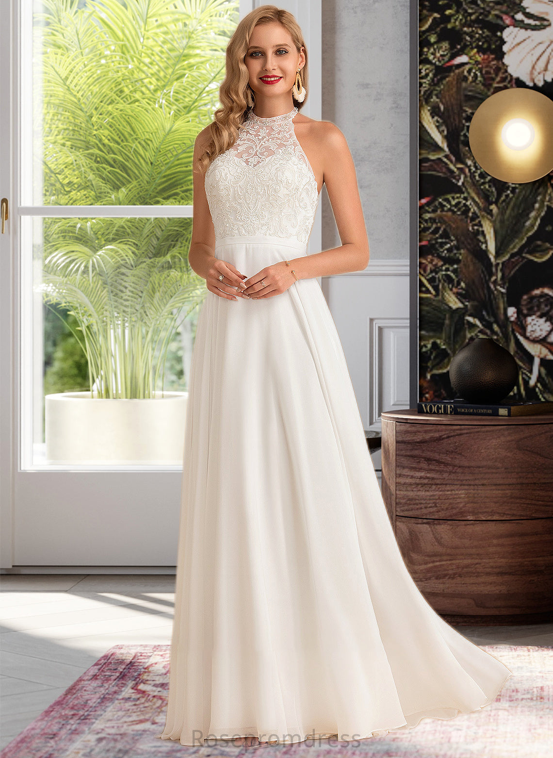 Siena A-Line High Neck Floor-Length Chiffon Wedding Dress SRSP0013702