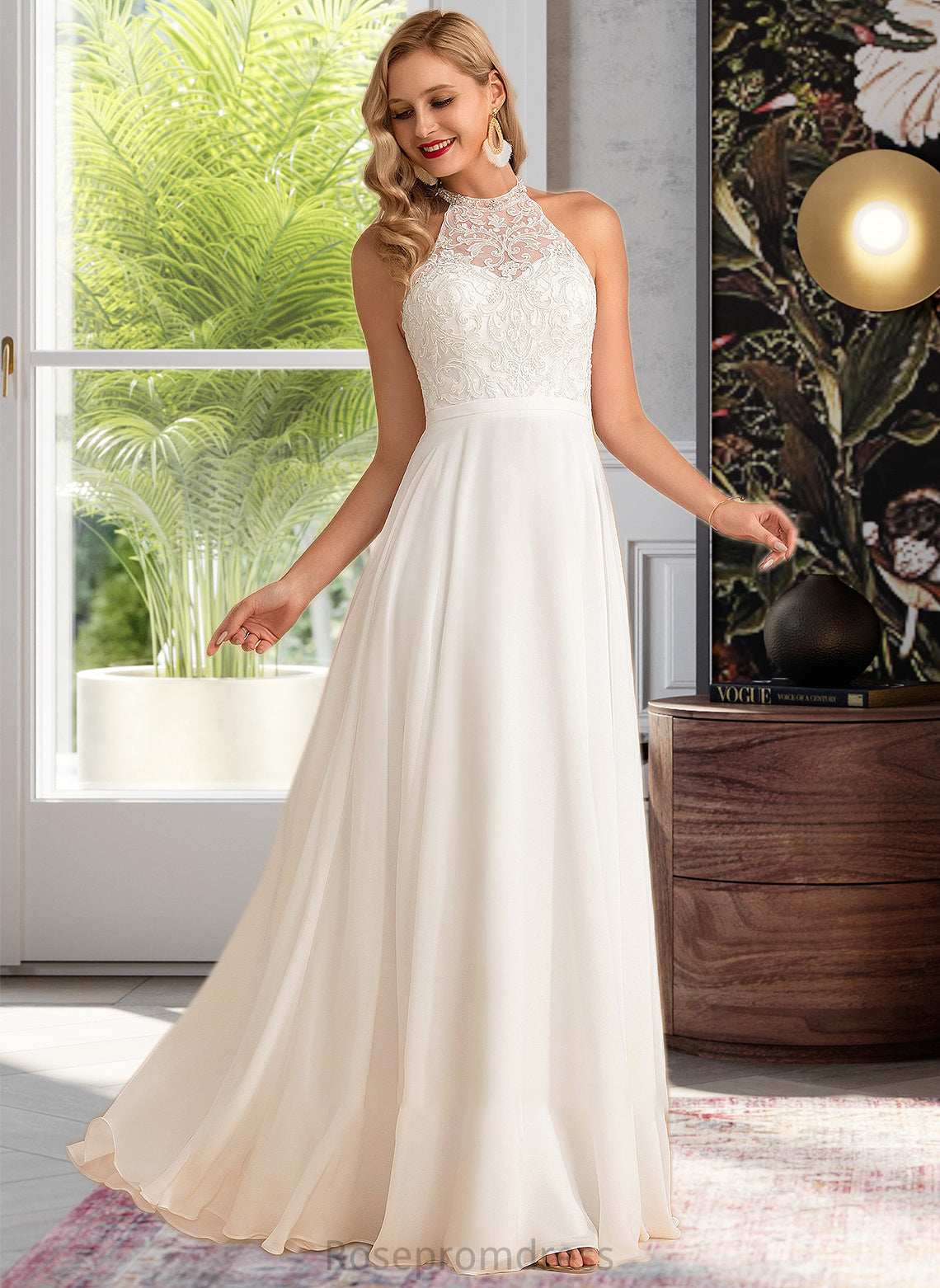 Siena A-Line High Neck Floor-Length Chiffon Wedding Dress SRSP0013702