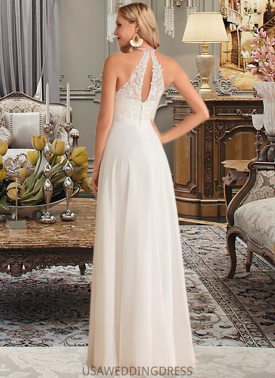 Maria A-Line High Neck Floor-Length Chiffon Wedding Dress DSP0013702