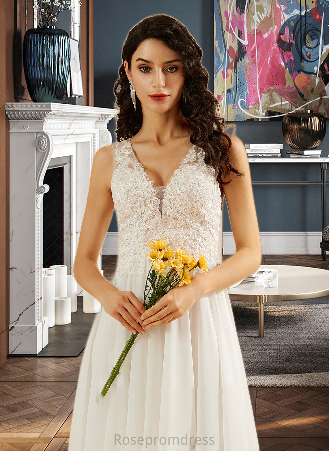 Lara A-Line V-neck Knee-Length Wedding Dress With Lace Sequins SRSP0013703