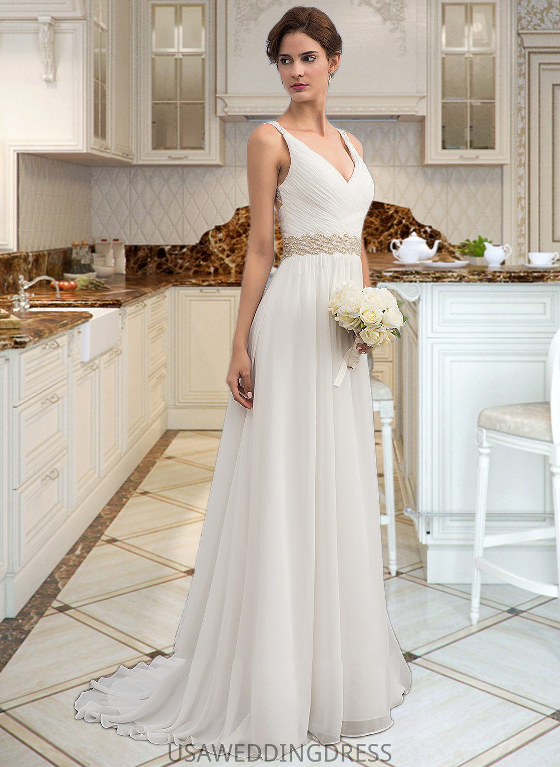 Michaelia A-Line V-neck Sweep Train Chiffon Wedding Dress With Ruffle Lace Beading Sequins DSP0013705