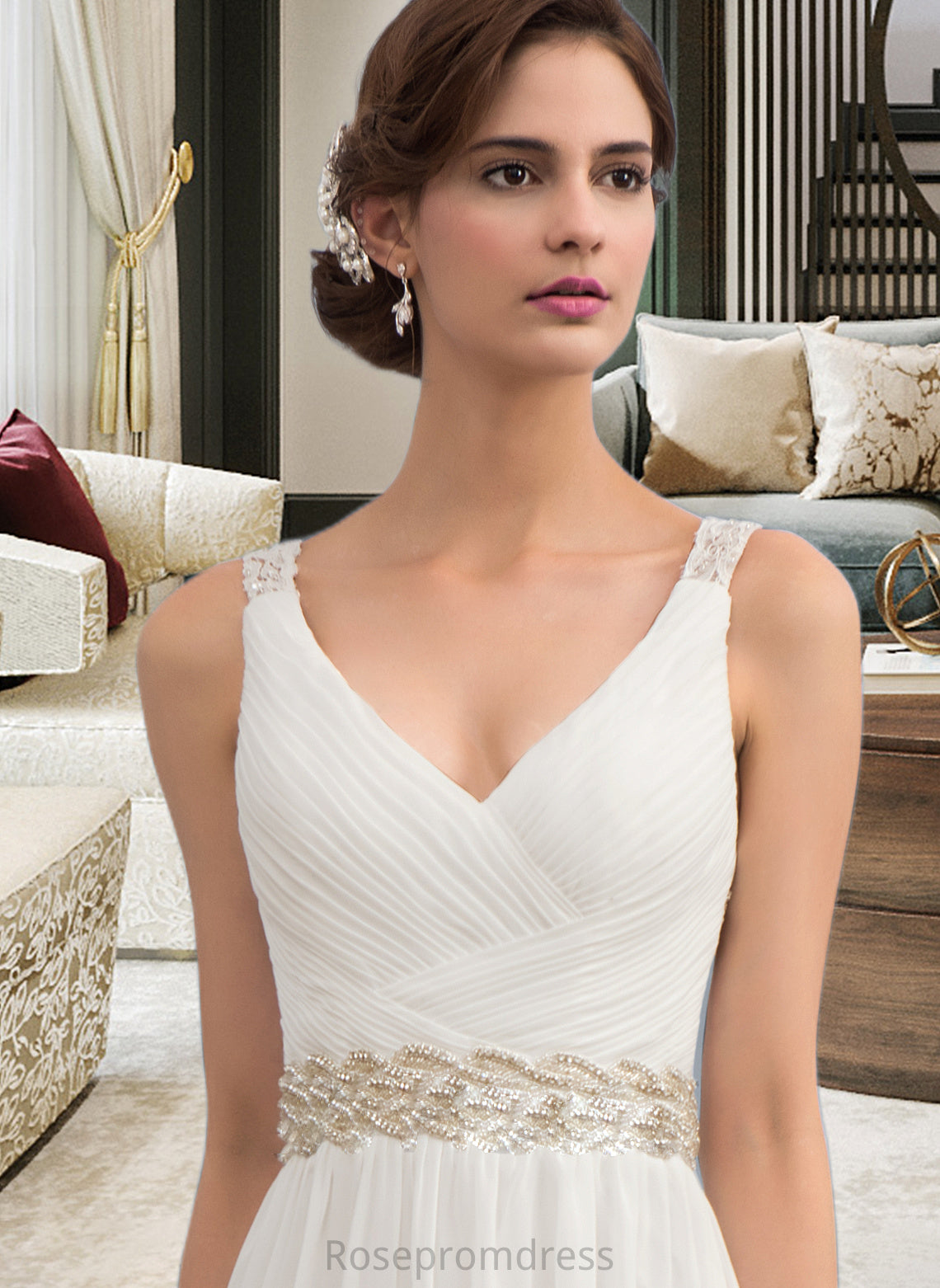 Minnie A-Line V-neck Sweep Train Chiffon Wedding Dress With Ruffle Lace Beading Sequins SRSP0013705