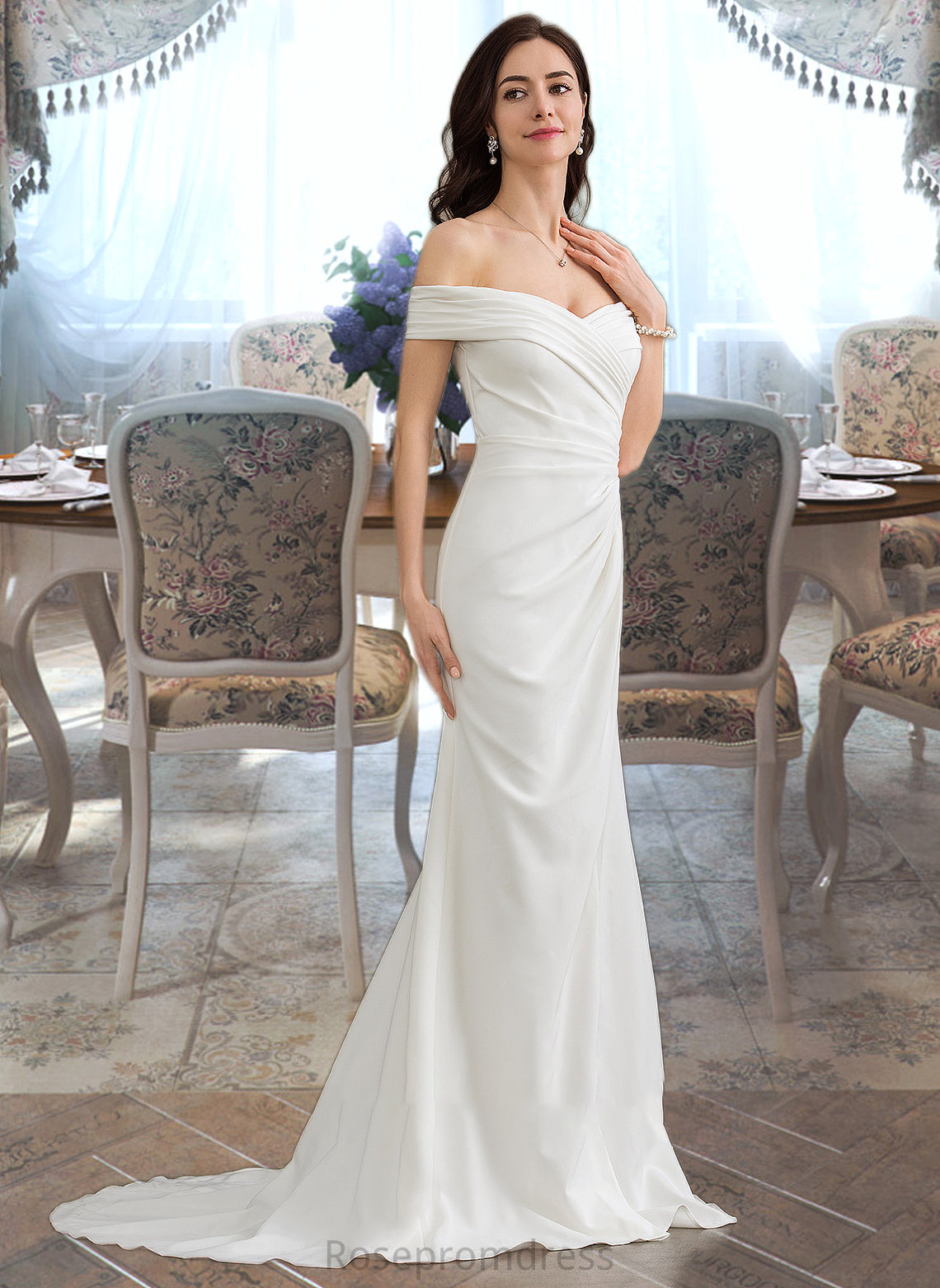 Lilith Sheath/Column Off-the-Shoulder Sweep Train Stretch Crepe Wedding Dress With Ruffle Split Front SRSP0013707