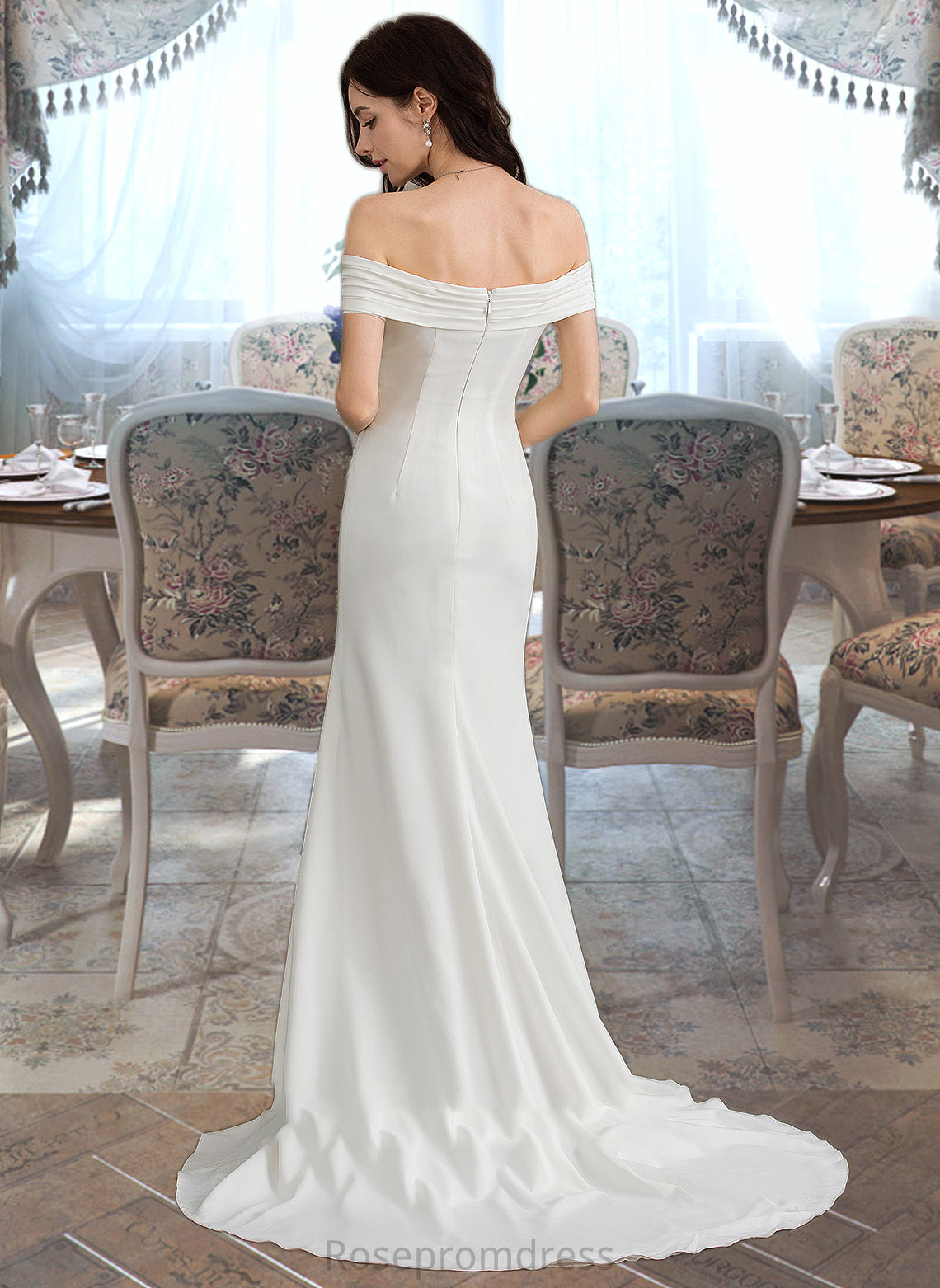 Lilith Sheath/Column Off-the-Shoulder Sweep Train Stretch Crepe Wedding Dress With Ruffle Split Front SRSP0013707