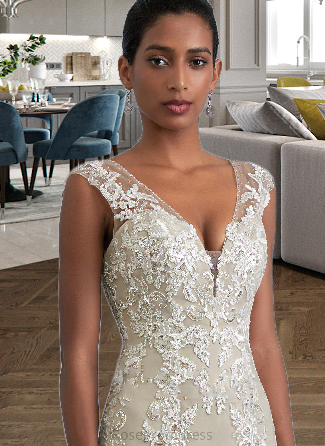 Abril A-Line V-neck Court Train Tulle Lace Wedding Dress With Beading Sequins SRSP0013709