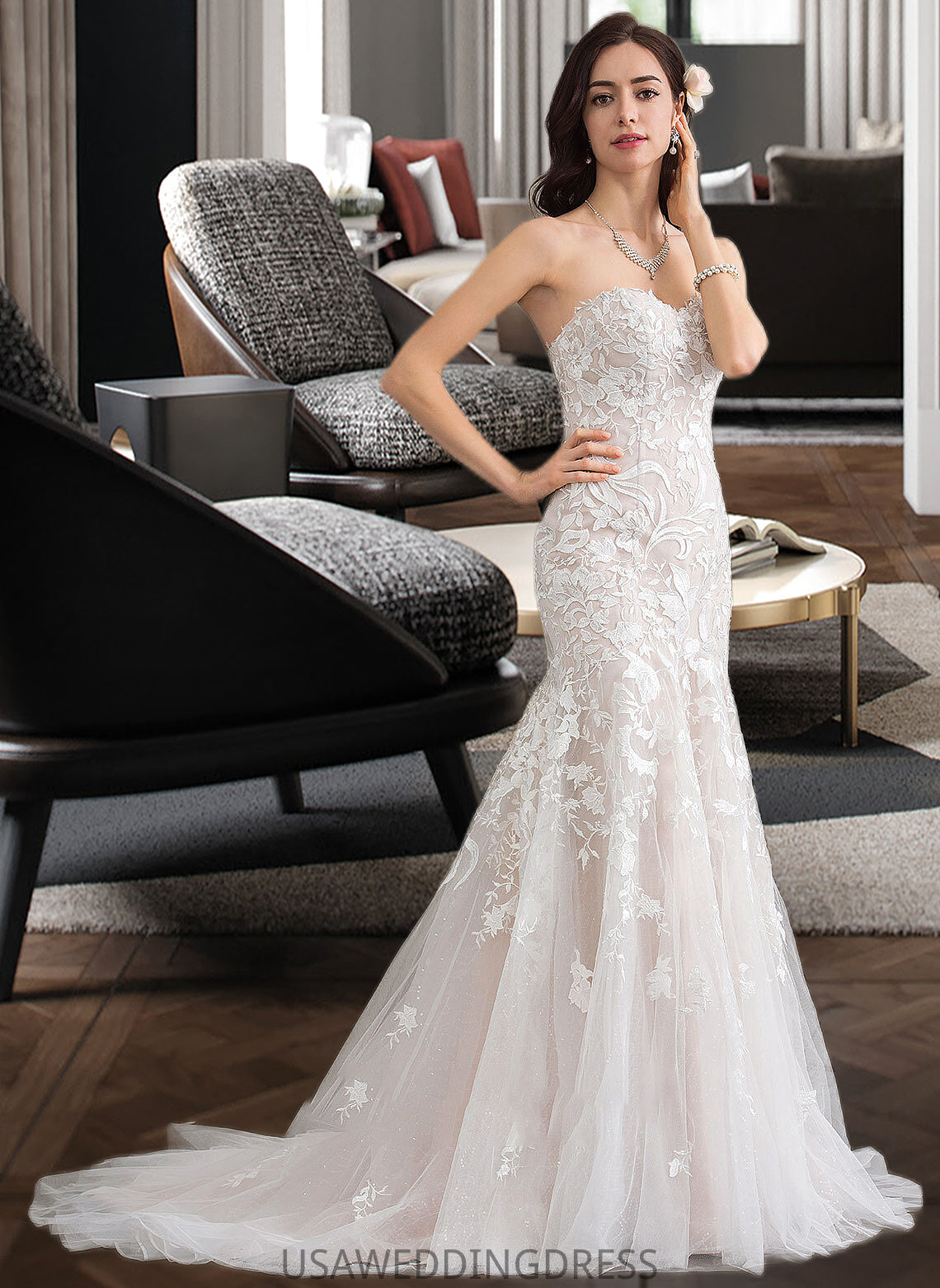 Sahna Trumpet/Mermaid Sweetheart Court Train Tulle Lace Wedding Dress DSP0013710