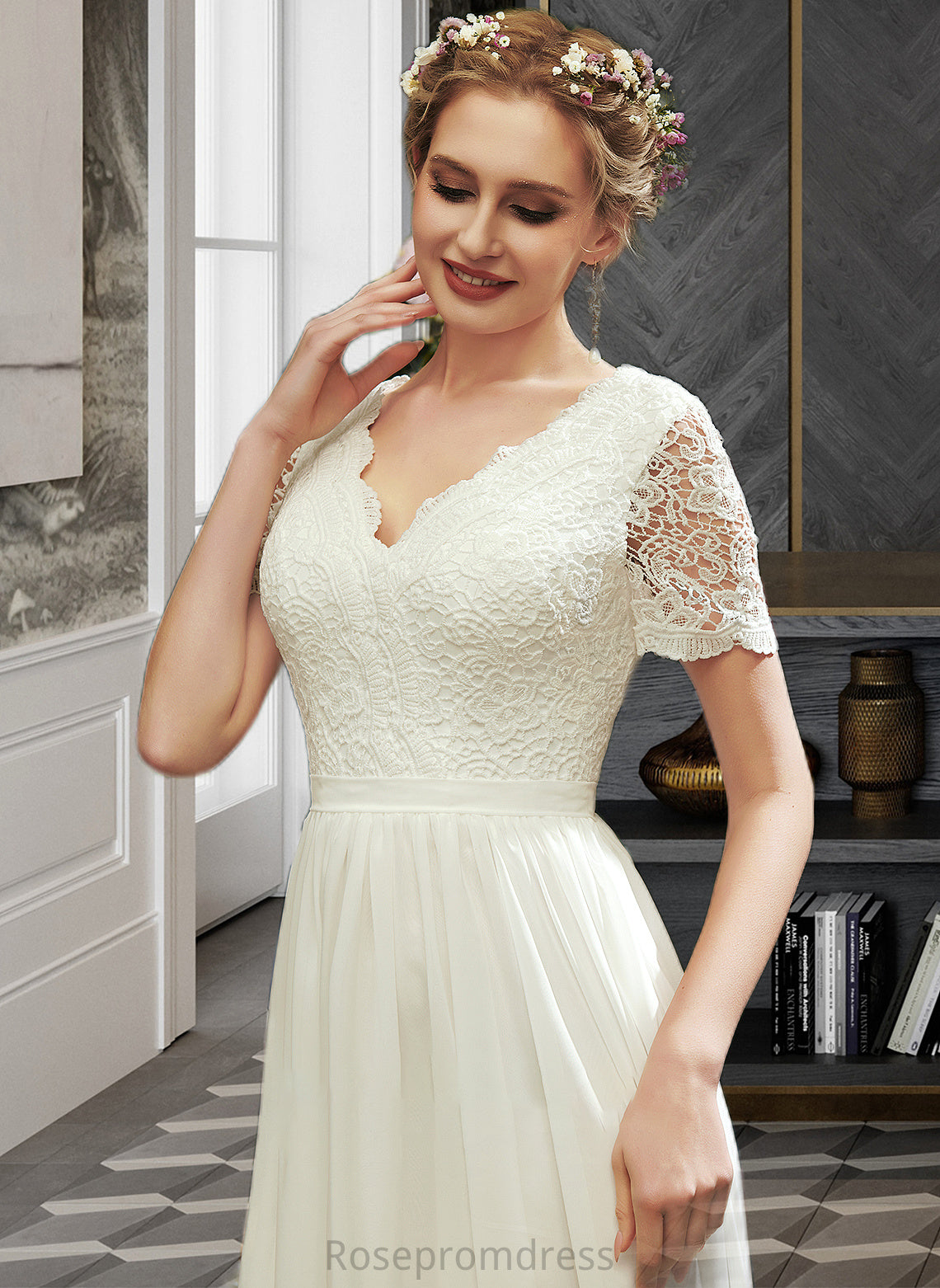 Kristen A-Line V-neck Asymmetrical Wedding Dress With Lace SRSP0013712