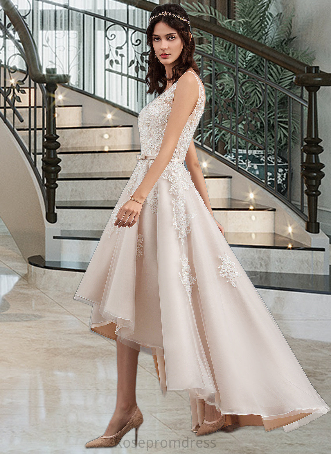 Courtney A-Line V-neck Asymmetrical Tulle Lace Wedding Dress With Bow(s) SRSP0013717