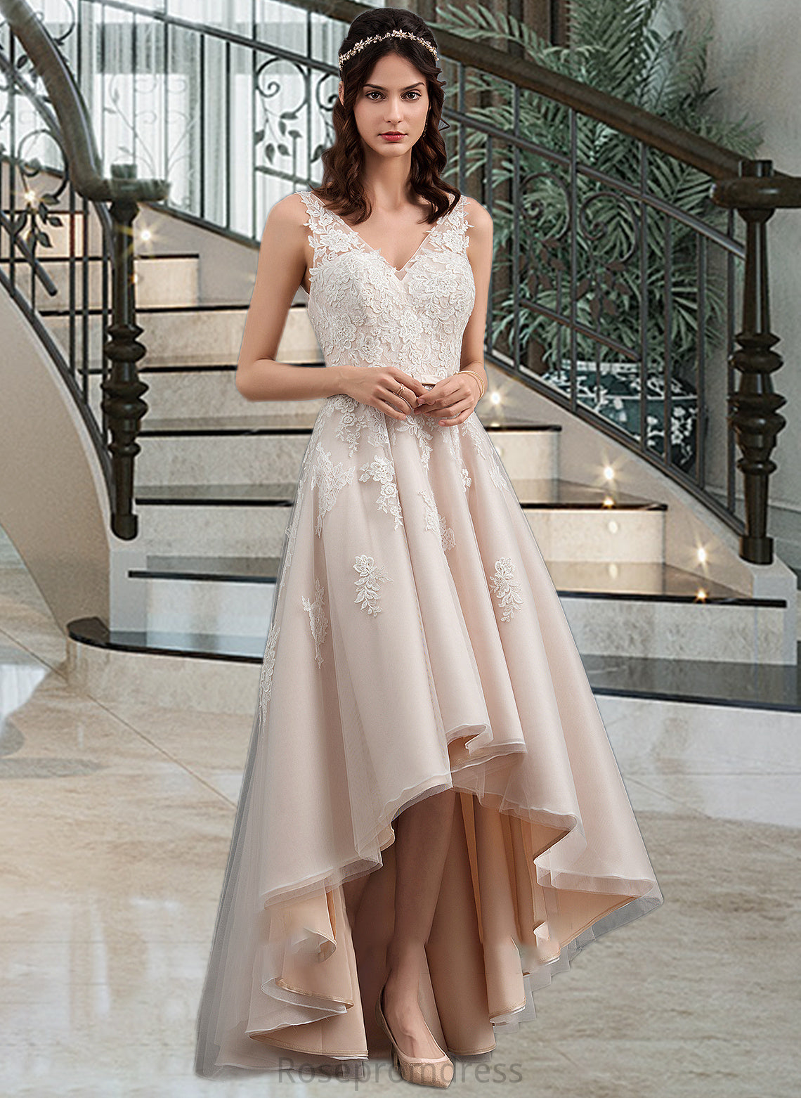 Courtney A-Line V-neck Asymmetrical Tulle Lace Wedding Dress With Bow(s) SRSP0013717