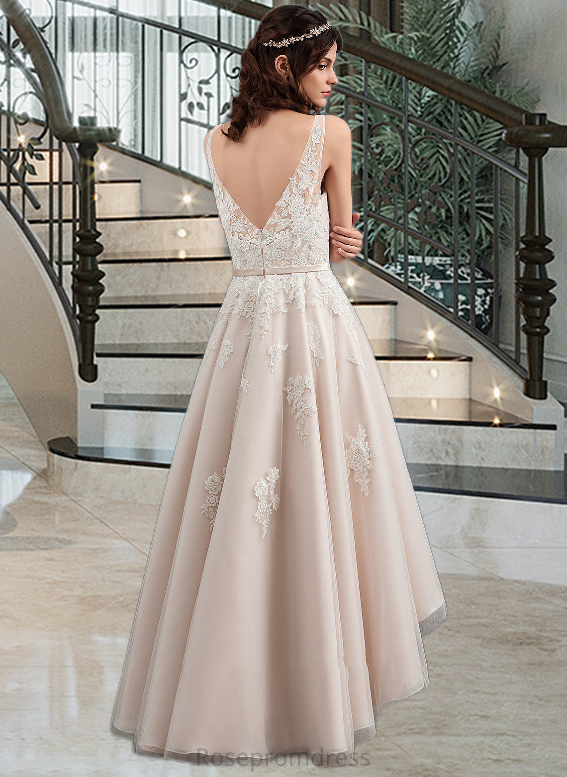 Courtney A-Line V-neck Asymmetrical Tulle Lace Wedding Dress With Bow(s) SRSP0013717