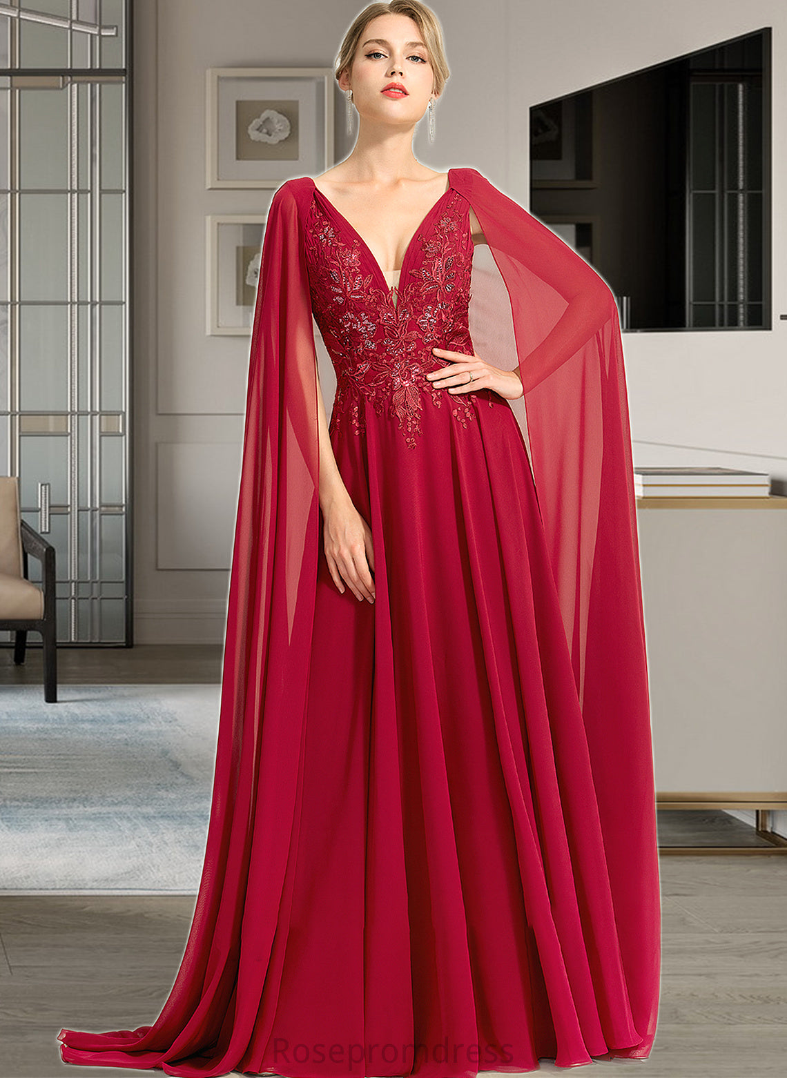 Mary A-Line V-neck Floor-Length Chiffon Wedding Dress With Sequins SRSP0013718