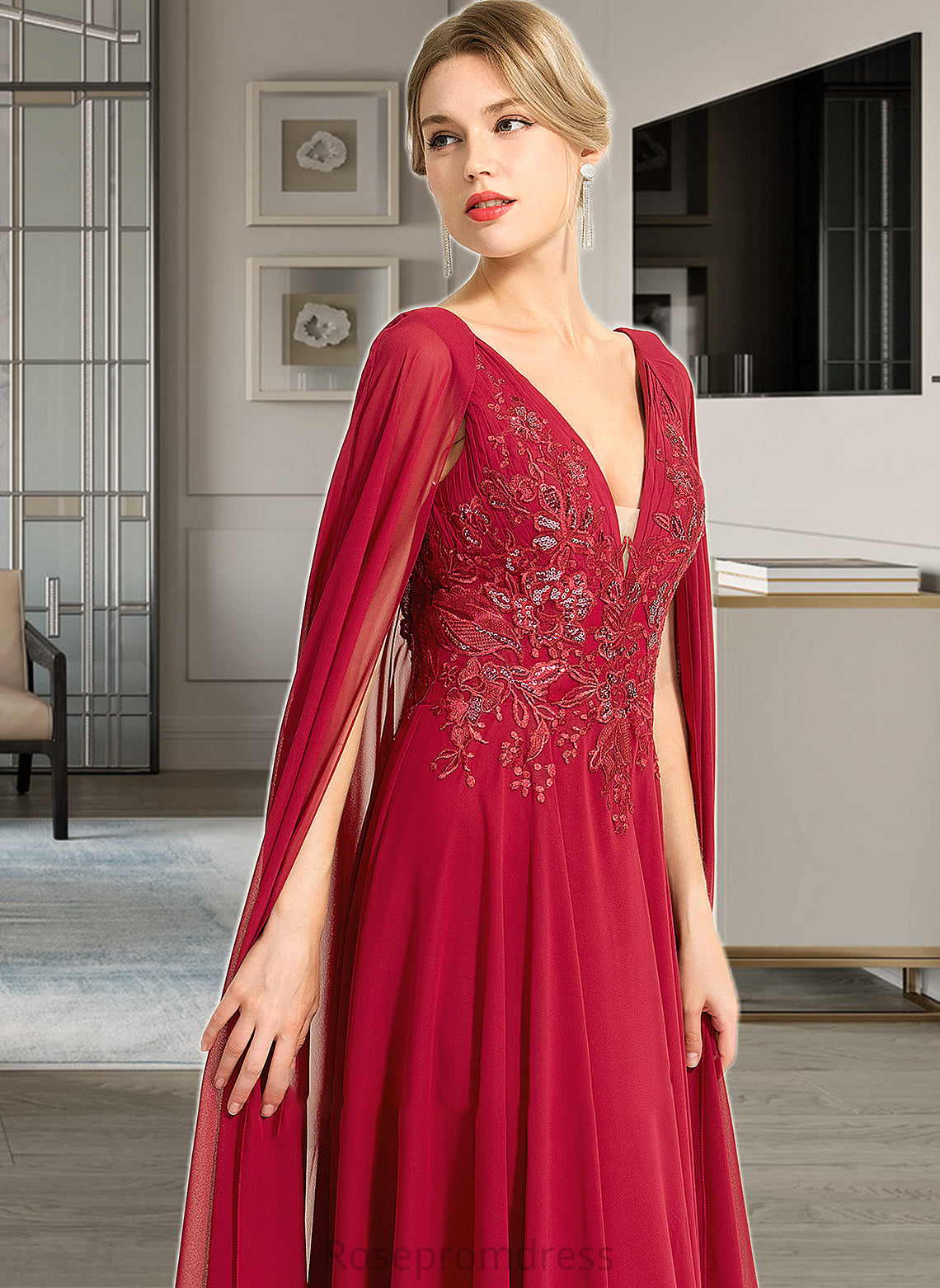 Mary A-Line V-neck Floor-Length Chiffon Wedding Dress With Sequins SRSP0013718