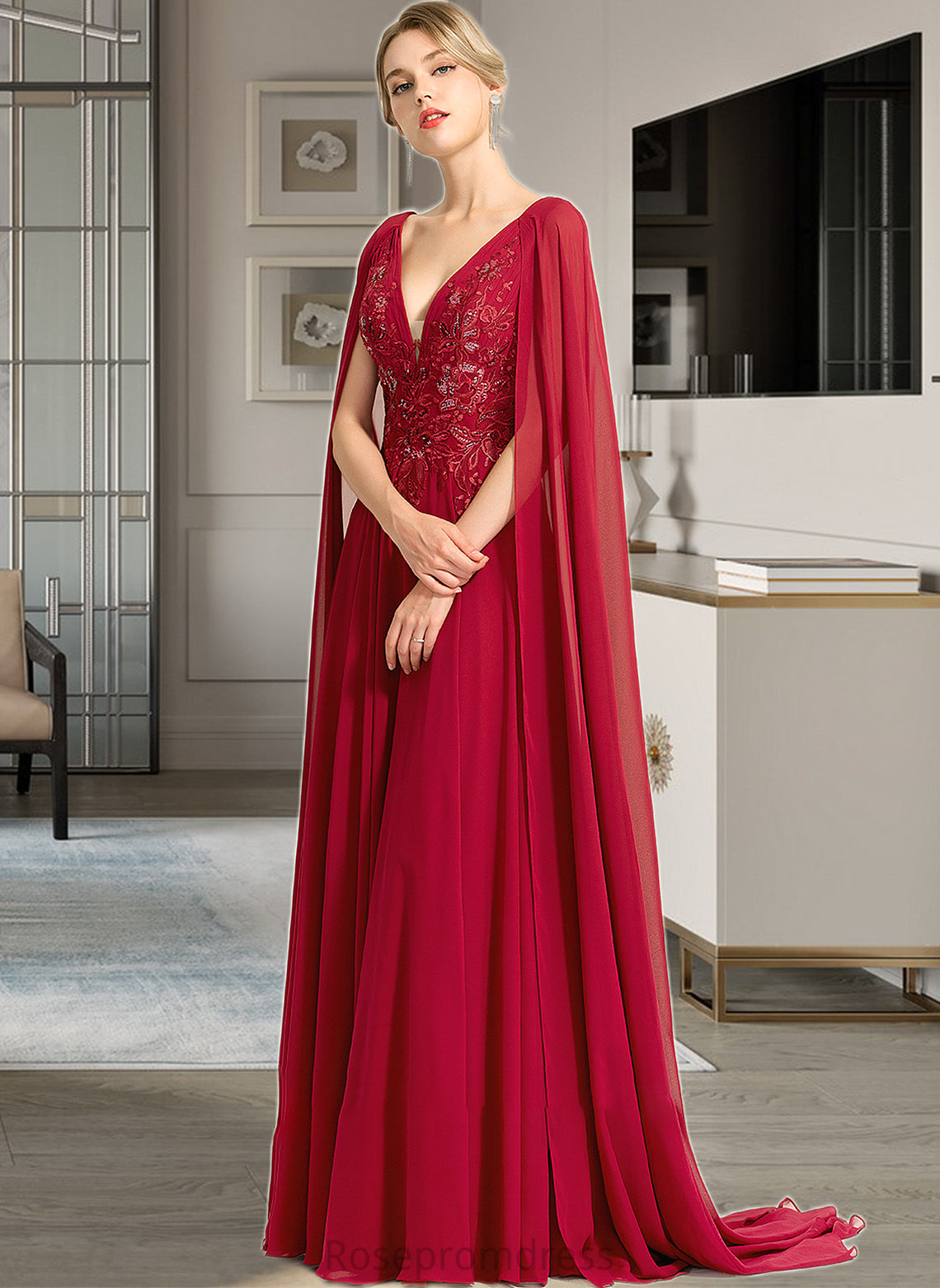 Mary A-Line V-neck Floor-Length Chiffon Wedding Dress With Sequins SRSP0013718
