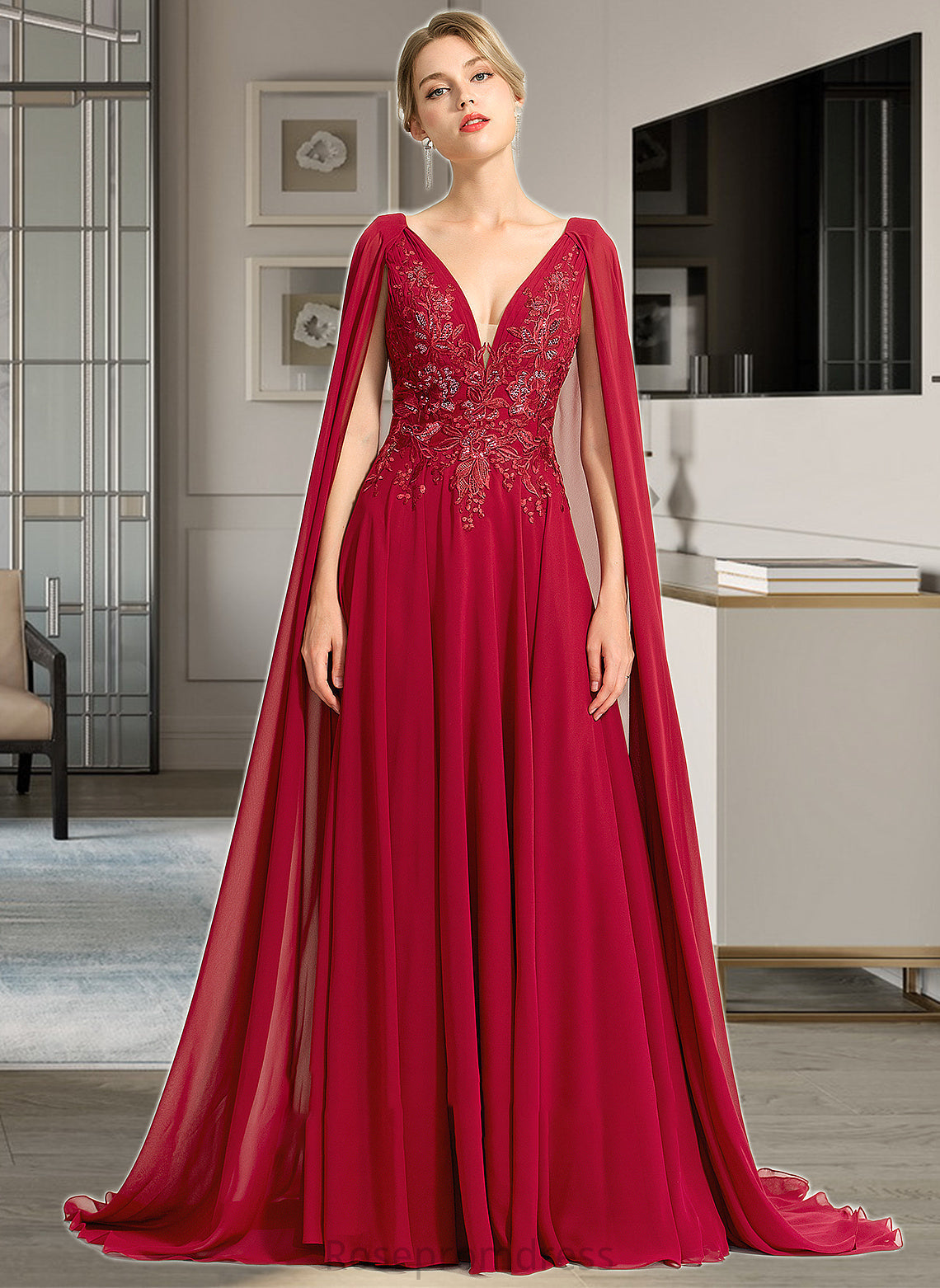 Mary A-Line V-neck Floor-Length Chiffon Wedding Dress With Sequins SRSP0013718