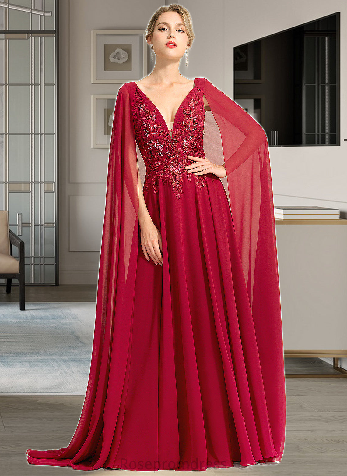 Mary A-Line V-neck Floor-Length Chiffon Wedding Dress With Sequins SRSP0013718