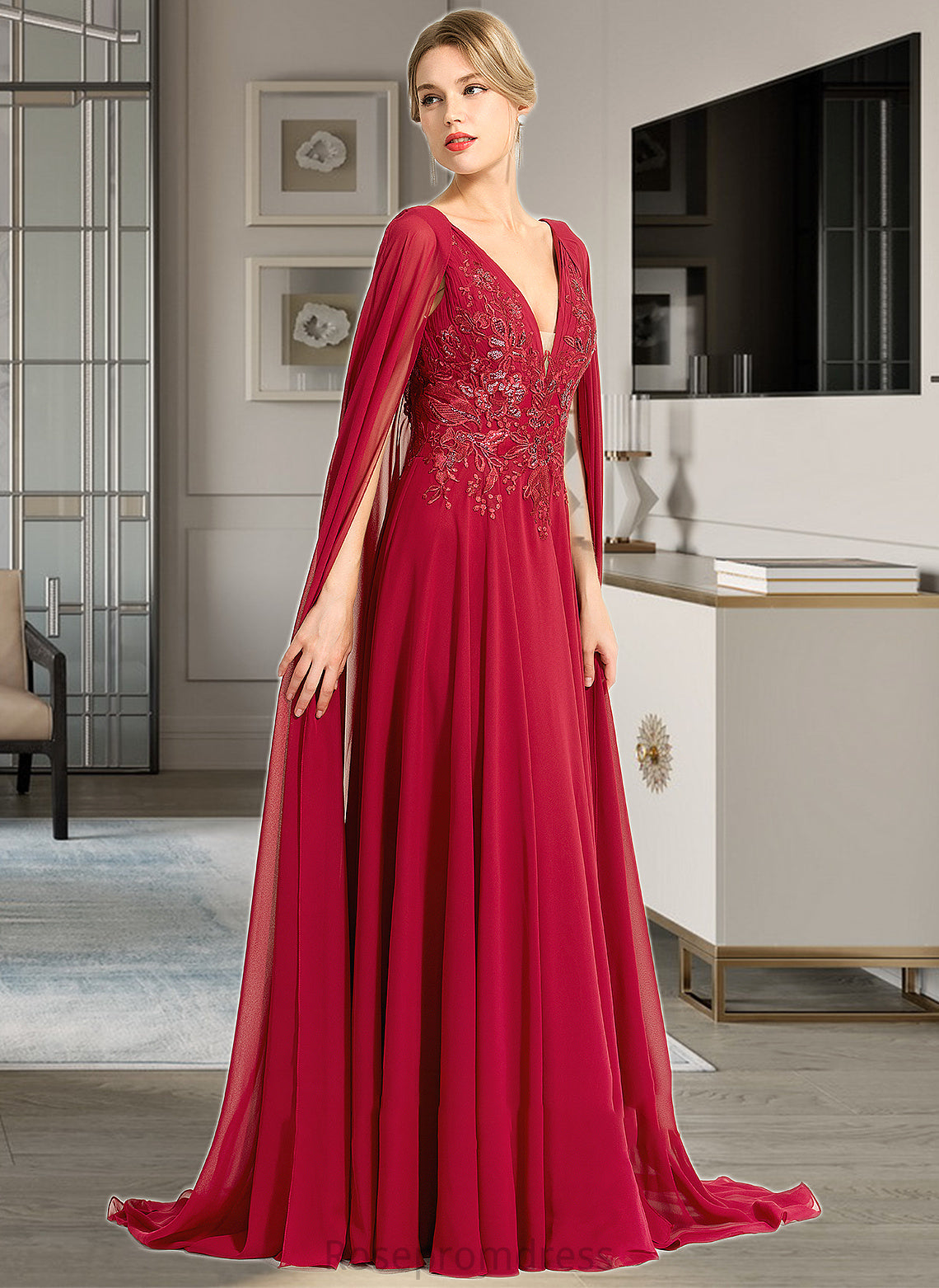 Mary A-Line V-neck Floor-Length Chiffon Wedding Dress With Sequins SRSP0013718