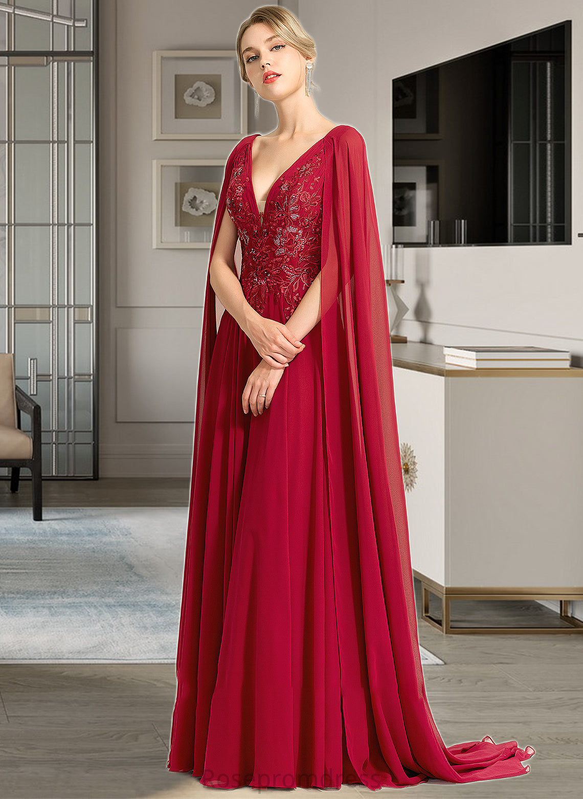 Mary A-Line V-neck Floor-Length Chiffon Wedding Dress With Sequins SRSP0013718