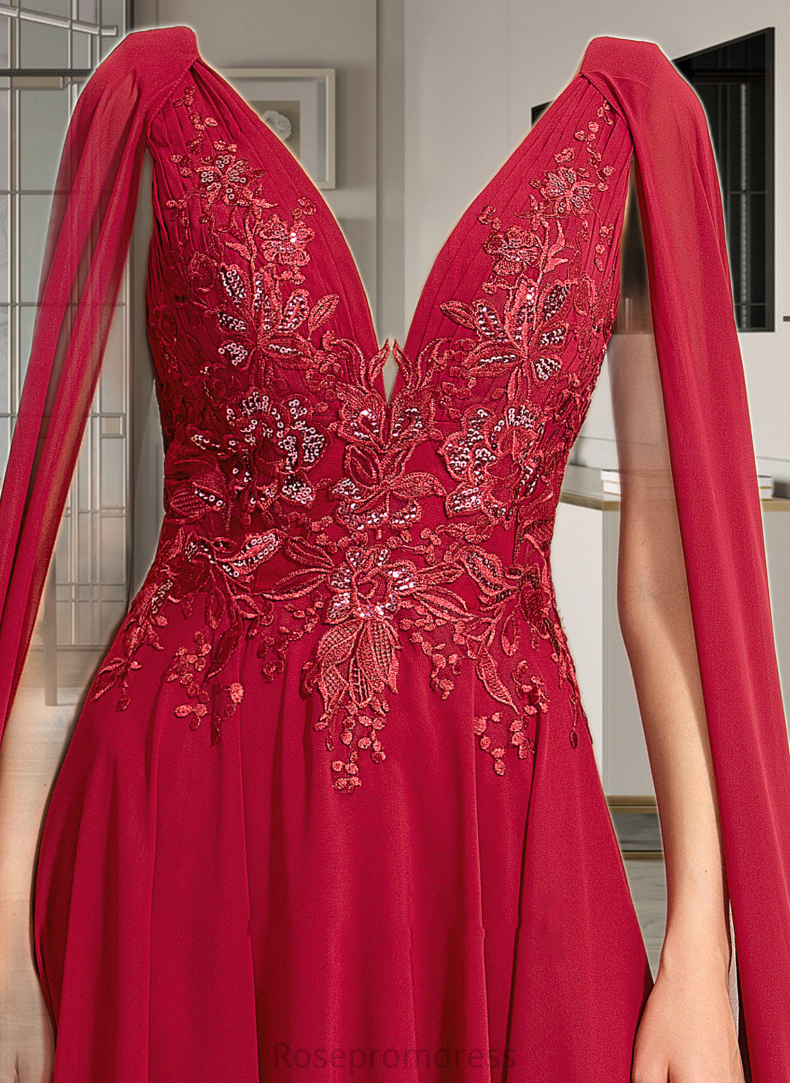 Mary A-Line V-neck Floor-Length Chiffon Wedding Dress With Sequins SRSP0013718