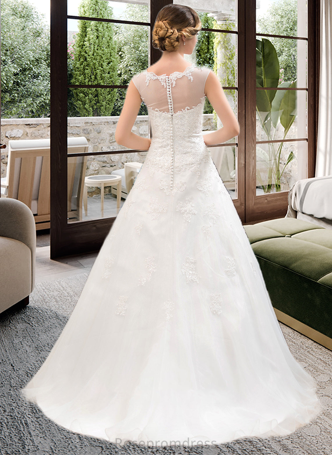 Nell Ball-Gown/Princess Illusion Sweep Train Organza Tulle Wedding Dress With Beading Sequins SRSP0013719
