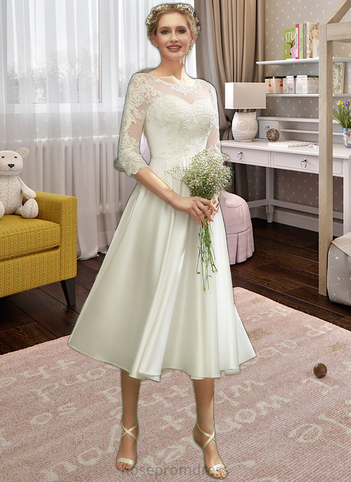 Simone A-Line Illusion Tea-Length Wedding Dress With Lace SRSP0013741