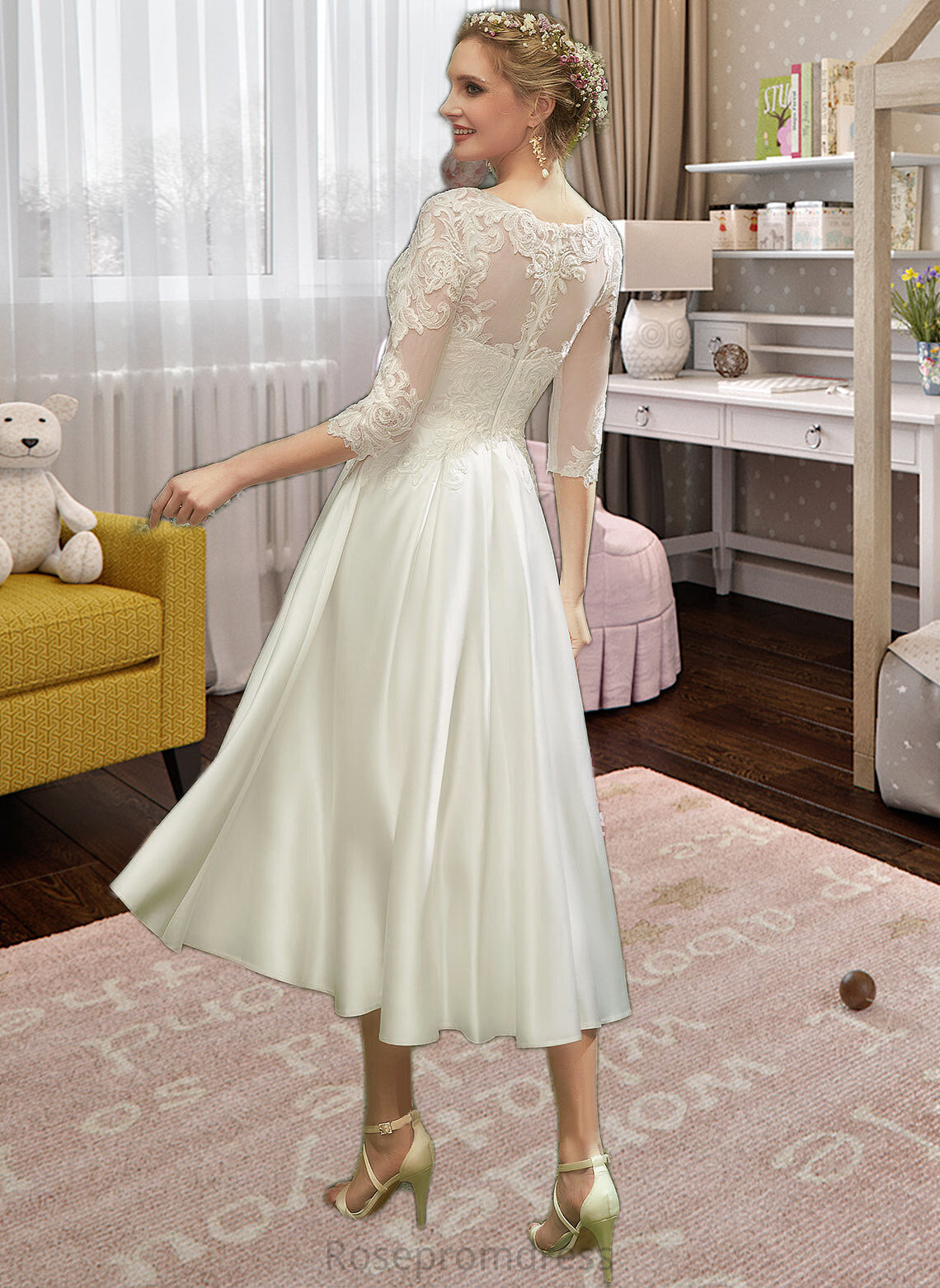 Simone A-Line Illusion Tea-Length Wedding Dress With Lace SRSP0013741