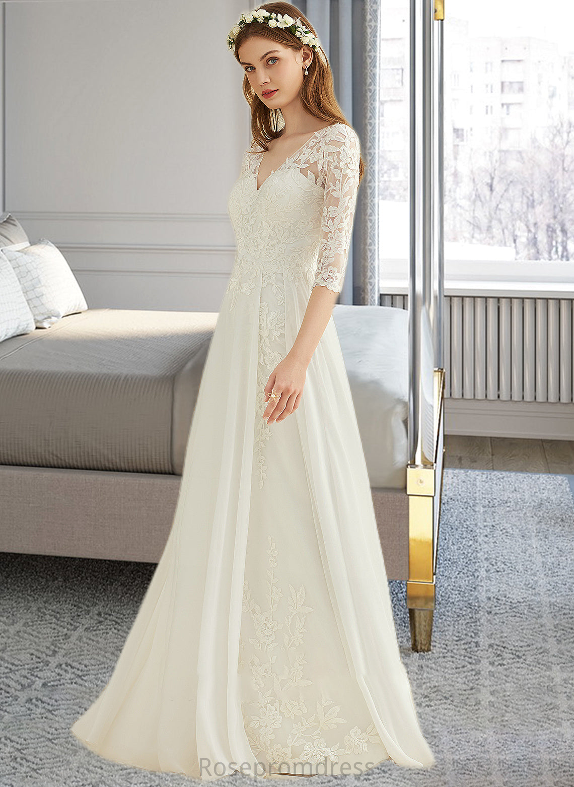 Giana A-Line V-neck Floor-Length Chiffon Lace Wedding Dress SRSP0013745