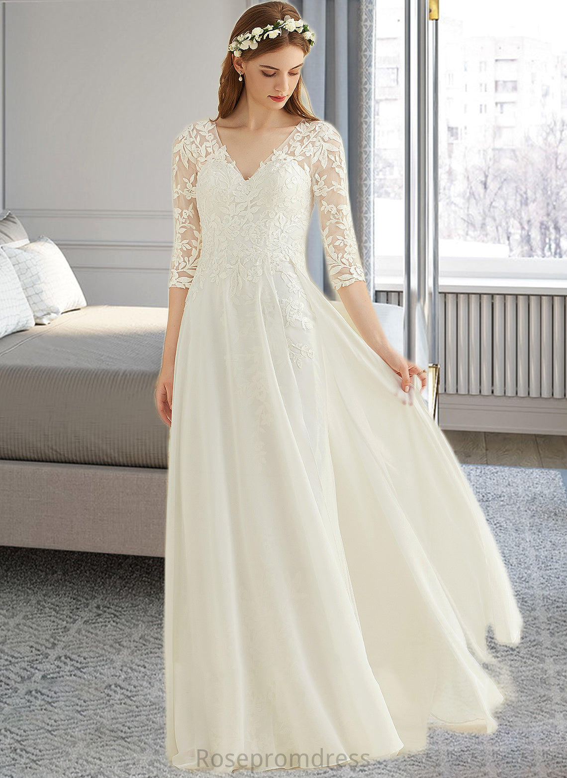 Giana A-Line V-neck Floor-Length Chiffon Lace Wedding Dress SRSP0013745