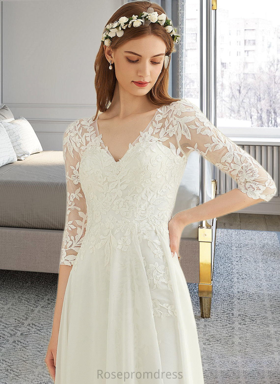 Giana A-Line V-neck Floor-Length Chiffon Lace Wedding Dress SRSP0013745