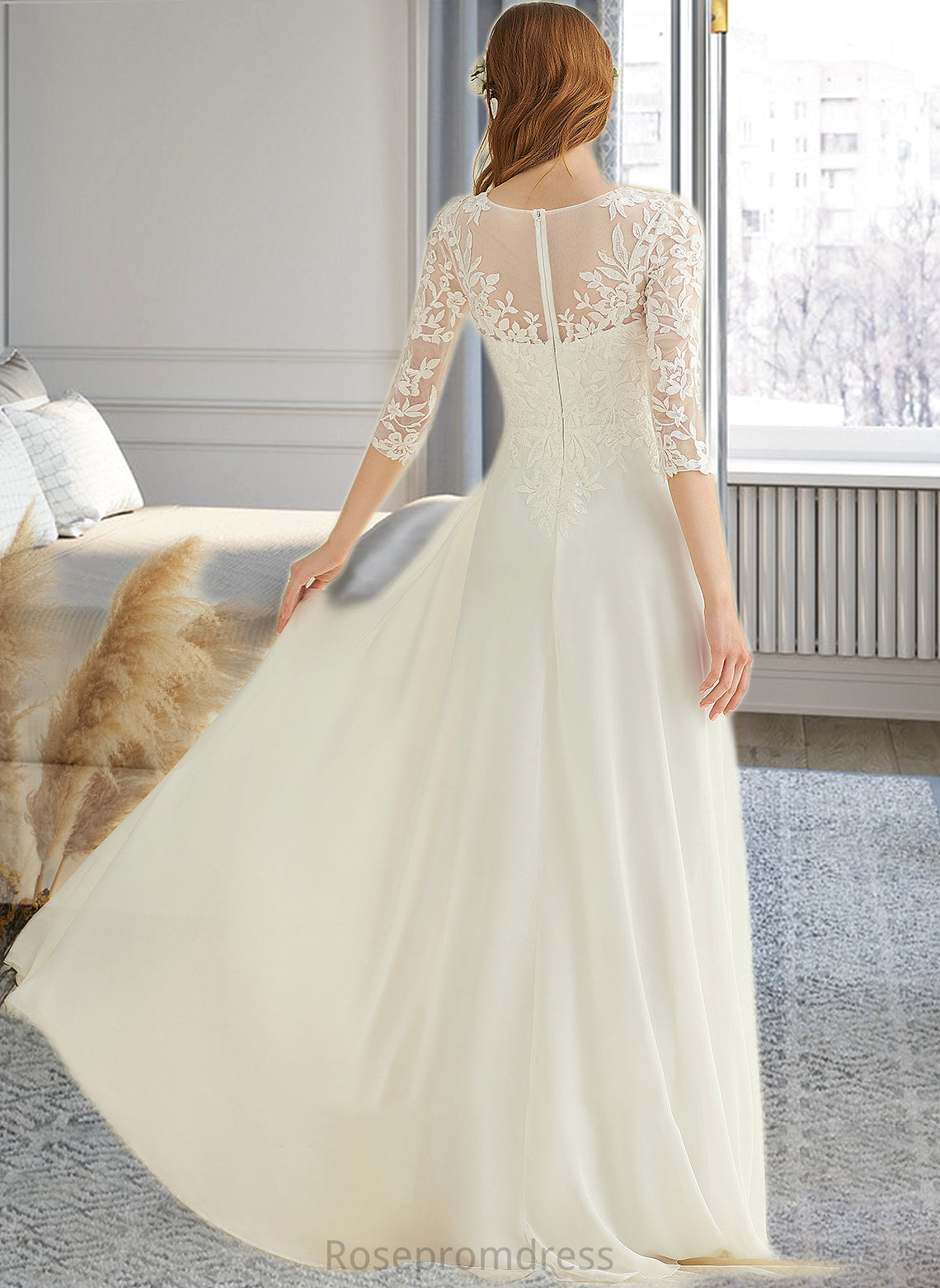 Giana A-Line V-neck Floor-Length Chiffon Lace Wedding Dress SRSP0013745
