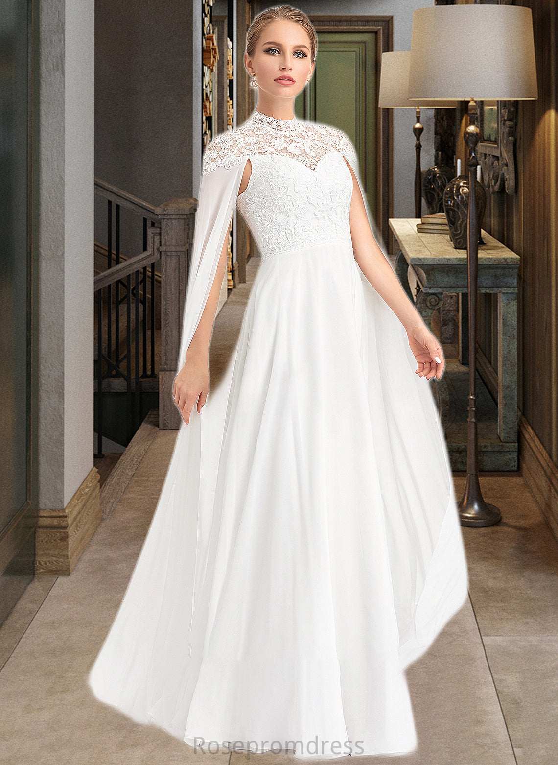 Dana A-Line High Neck Floor-Length Chiffon Wedding Dress SRSP0013748