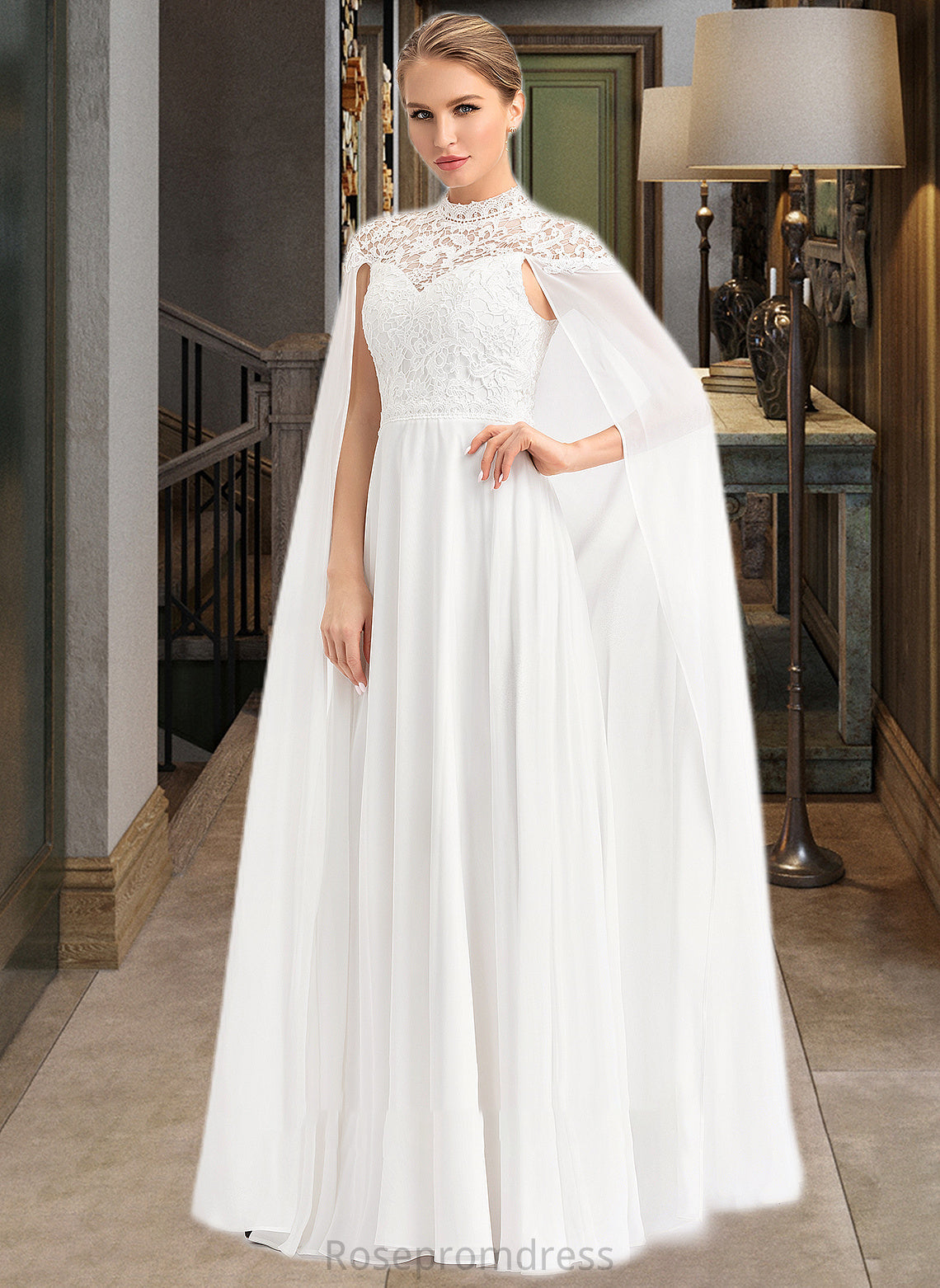 Dana A-Line High Neck Floor-Length Chiffon Wedding Dress SRSP0013748