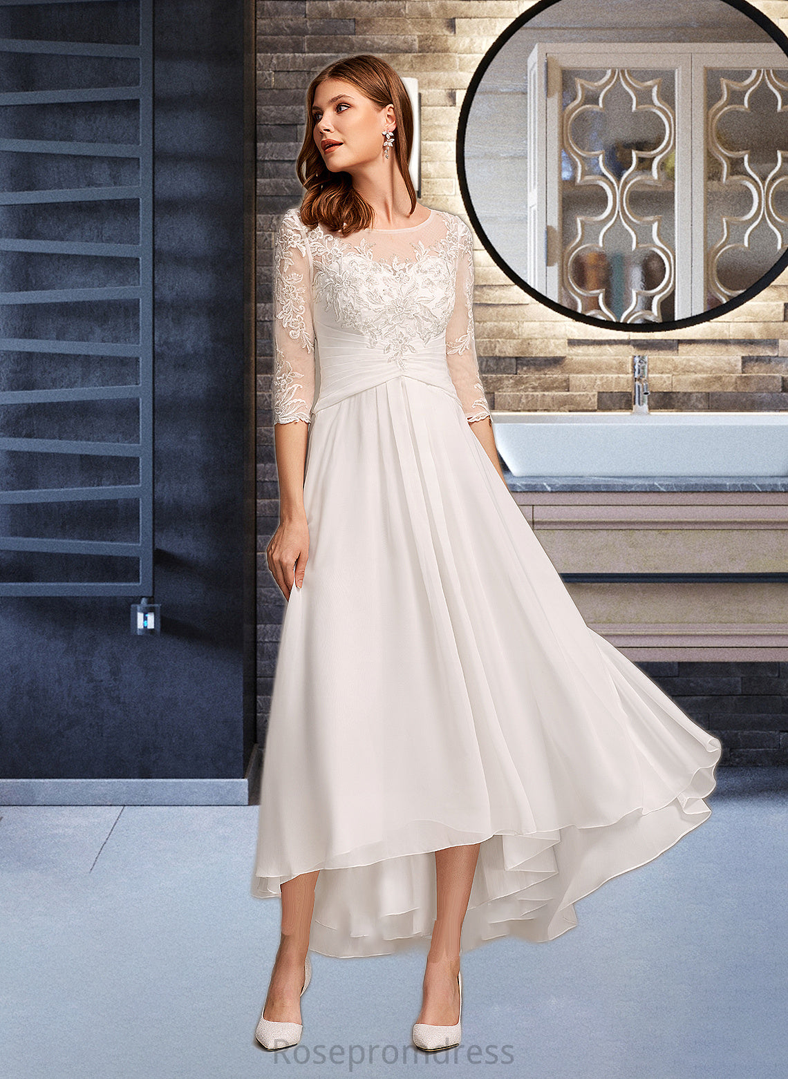 Melina A-Line Illusion Asymmetrical Wedding Dress With Lace SRSP0013749