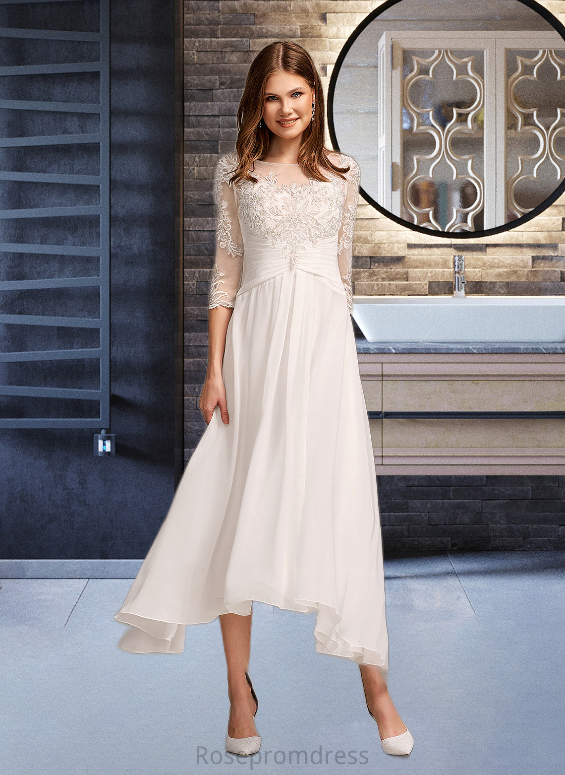 Melina A-Line Illusion Asymmetrical Wedding Dress With Lace SRSP0013749