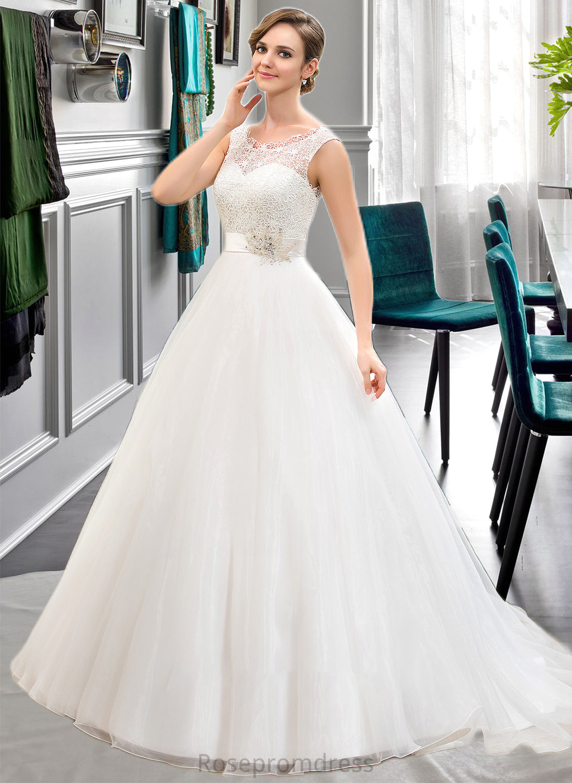 Katharine Ball-Gown/Princess Scoop Neck Sweep Train Organza Lace Wedding Dress With Beading Sequins SRSP0013751