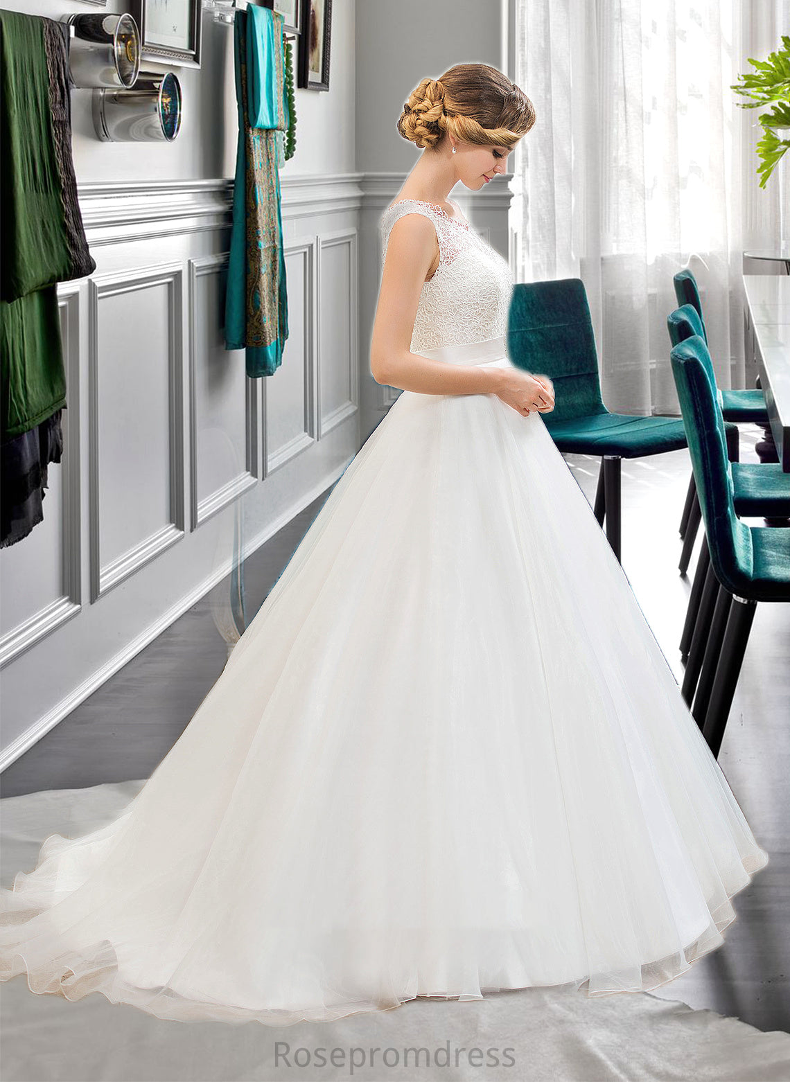 Katharine Ball-Gown/Princess Scoop Neck Sweep Train Organza Lace Wedding Dress With Beading Sequins SRSP0013751