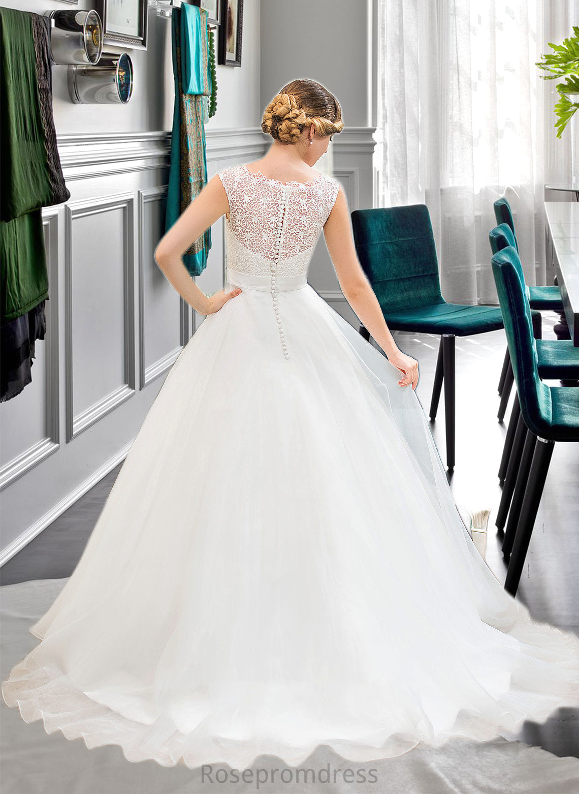 Katharine Ball-Gown/Princess Scoop Neck Sweep Train Organza Lace Wedding Dress With Beading Sequins SRSP0013751