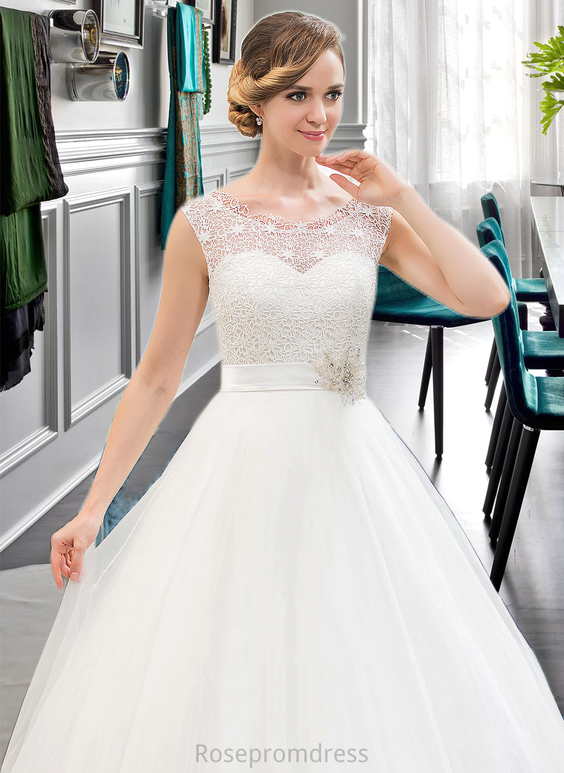 Katharine Ball-Gown/Princess Scoop Neck Sweep Train Organza Lace Wedding Dress With Beading Sequins SRSP0013751