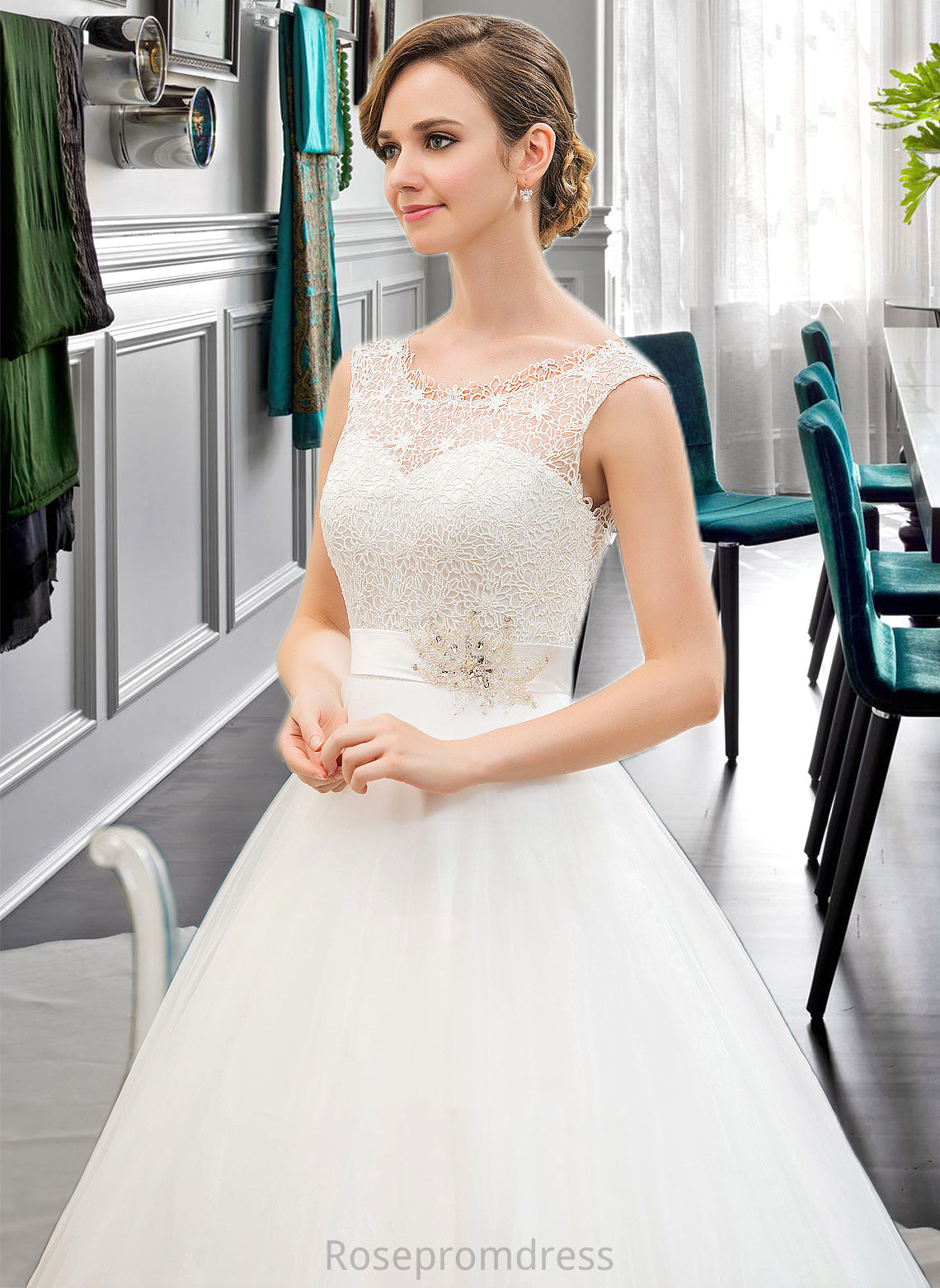 Katharine Ball-Gown/Princess Scoop Neck Sweep Train Organza Lace Wedding Dress With Beading Sequins SRSP0013751