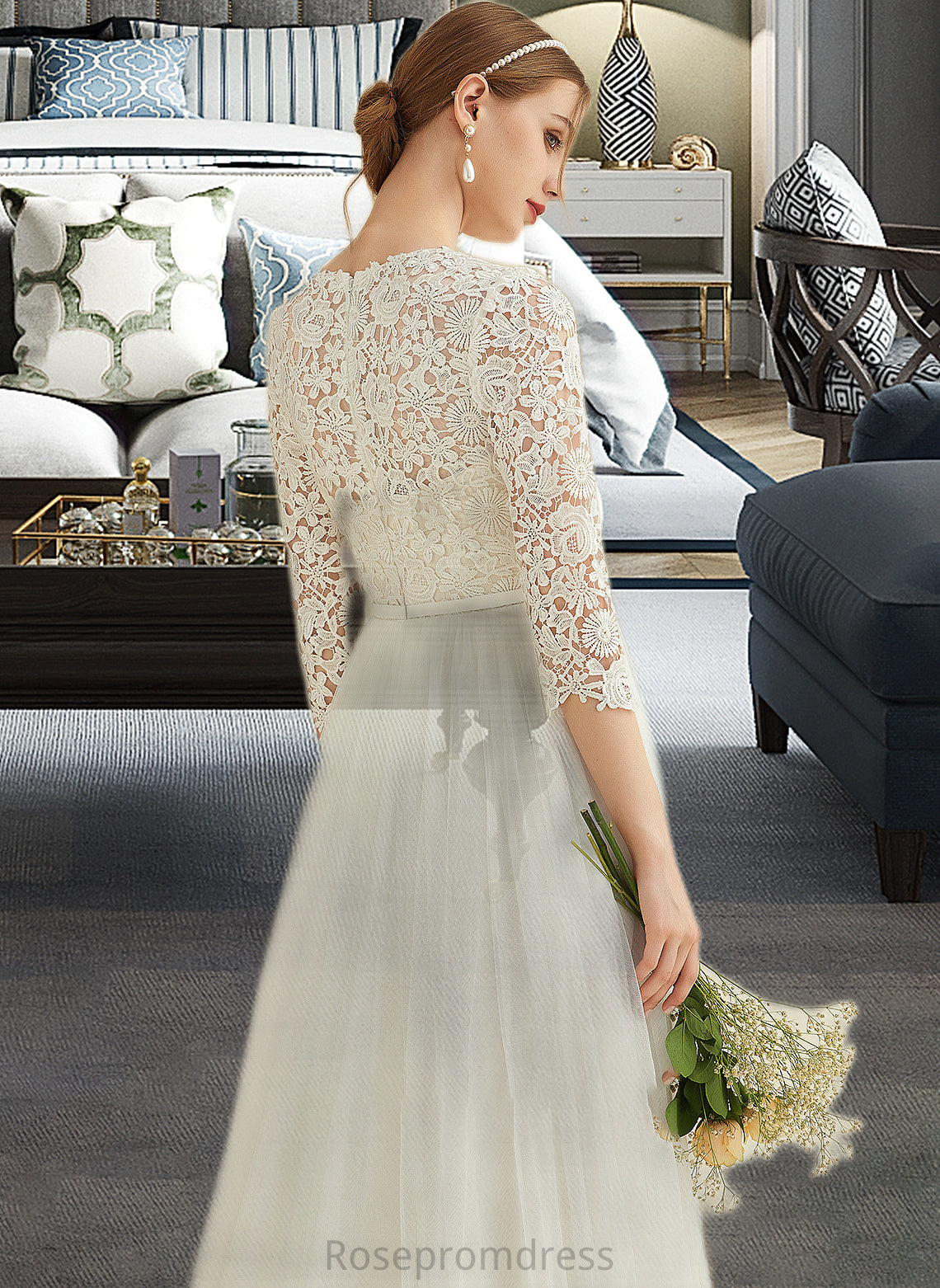 Leila A-Line Scoop Neck Sweep Train Tulle Lace Wedding Dress SRSP0013753