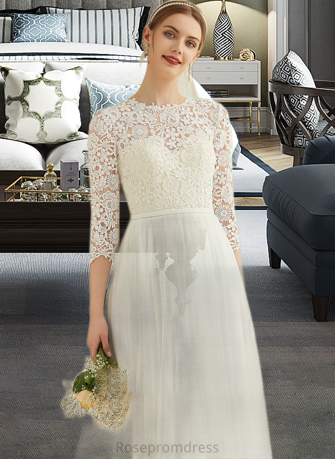 Leila A-Line Scoop Neck Sweep Train Tulle Lace Wedding Dress SRSP0013753