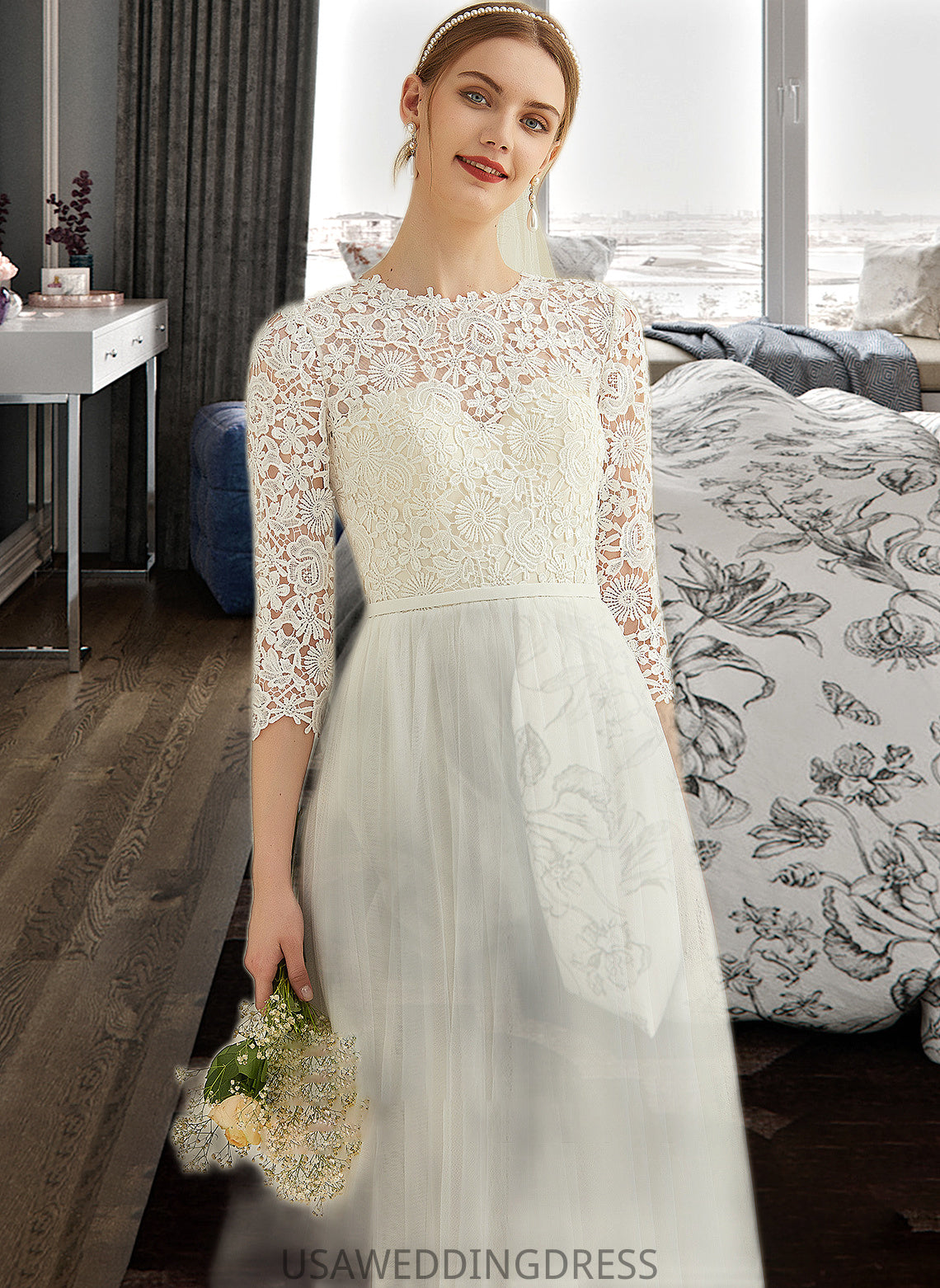 Lacey A-Line Scoop Neck Sweep Train Tulle Lace Wedding Dress DSP0013753