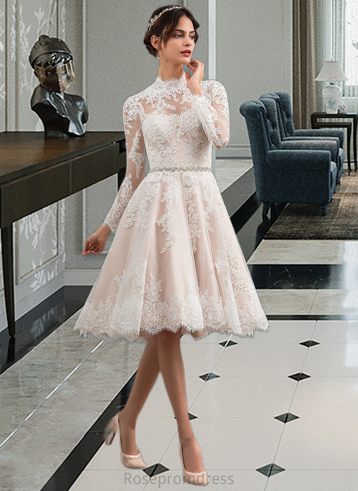 Kelsey A-Line Illusion Knee-Length Lace Wedding Dress SRSP0013754