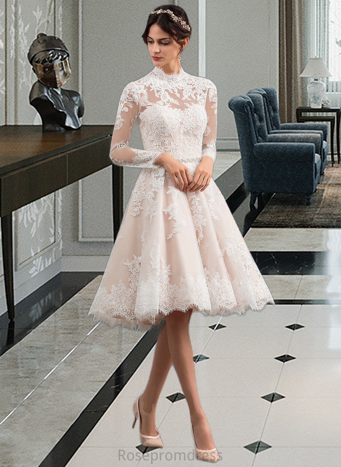 Kelsey A-Line Illusion Knee-Length Lace Wedding Dress SRSP0013754