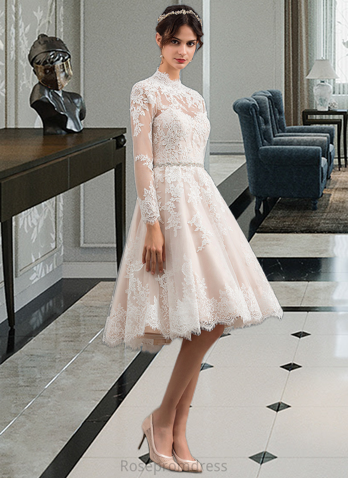 Kelsey A-Line Illusion Knee-Length Lace Wedding Dress SRSP0013754